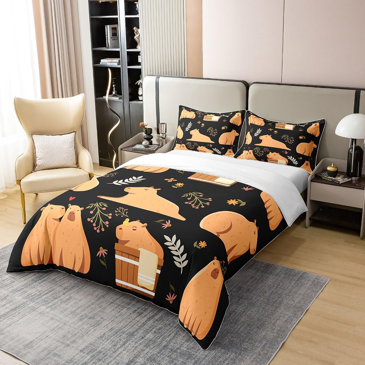 100% Cotton Capybara Bed Linen Set, 200 X 200 Cm, Capybara Lovers Duvet Cover, Cartoon Capybara Cup Animals Lovers, Comfort Cover, Botanical Flowers, Comfort Quilt Cover with 2 Pillowcases, Black image number 2