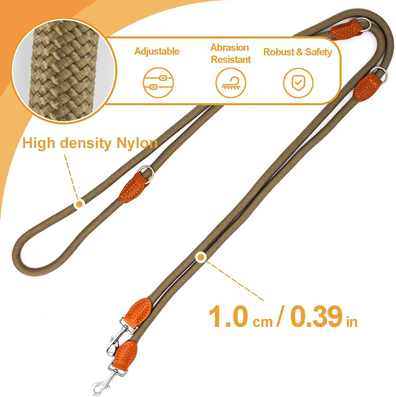 Dog Lead Hands Free Dog Lead Dog Training Leads 3M for Medium Small Dogs (10Mm*10Ft) Adjustable Double Ended Lead Multifunctional with Reflective Rope Lead for Outdoor Walking Running Brown