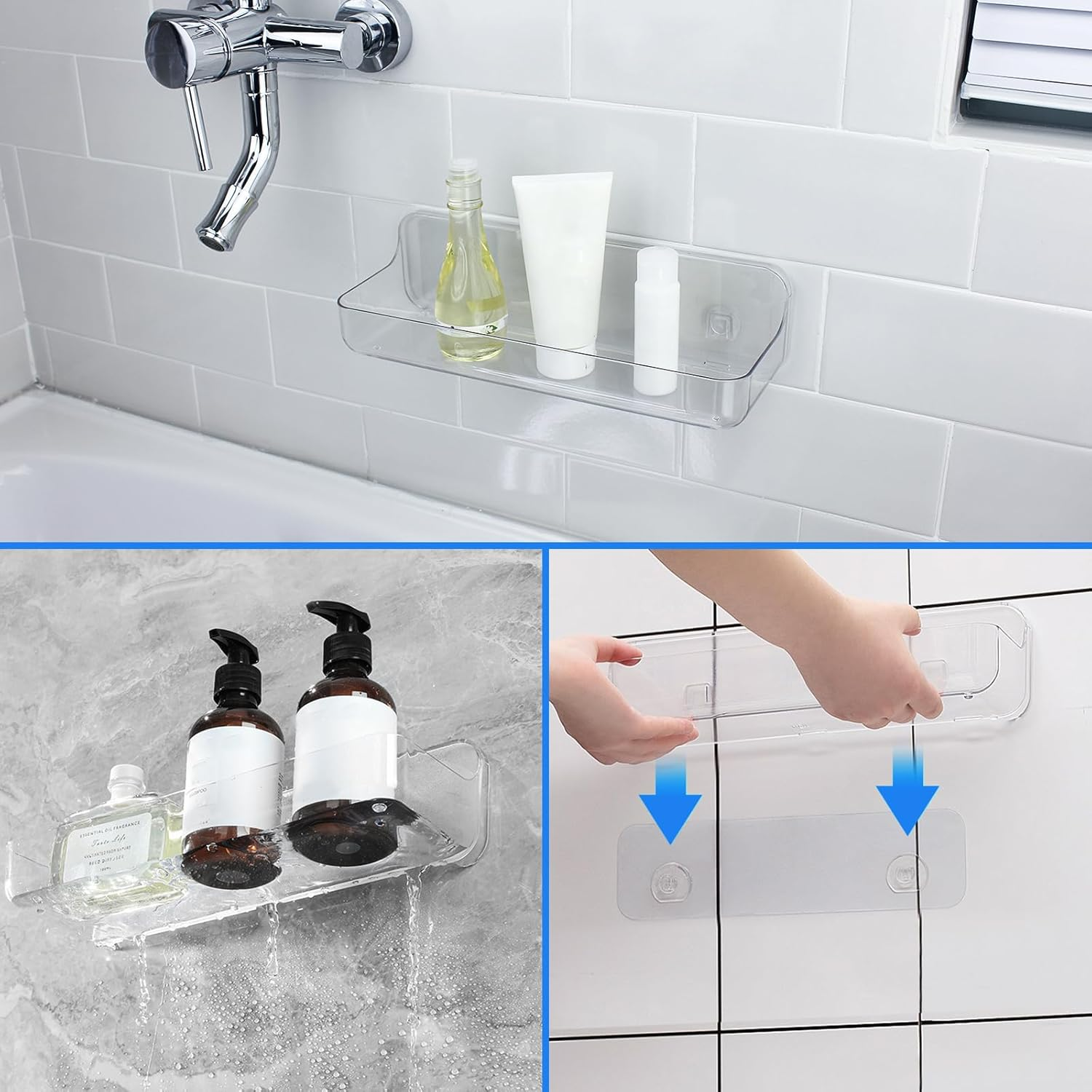 Diesisa Acrylic Wall Mounted Shower Caddy, Clear, 12.4" X 3.42" X 3.26" Acrylic Shelf, No Drilling Hang Walls Adhesive Shelf, Acrylic Bathroom Shelves with Self Adhesive Tape for Bathroom, Kitchen - Clear-Big Basket image number 3