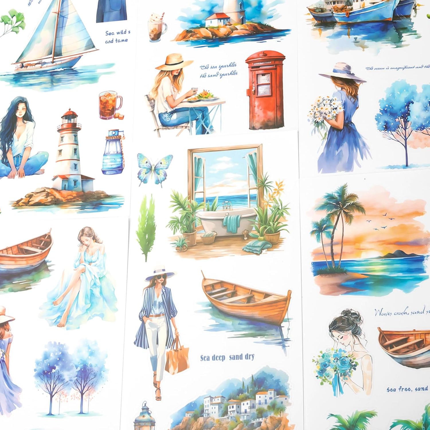 Uideyvi Blue Ocean Series Sticker Scrapbooking Supplies for Junk Journal, 20 Sheets PET Stickers - Vintage Journaling Stickers, Ephemera Sticker Book Pre Cut(Tz-007-001)