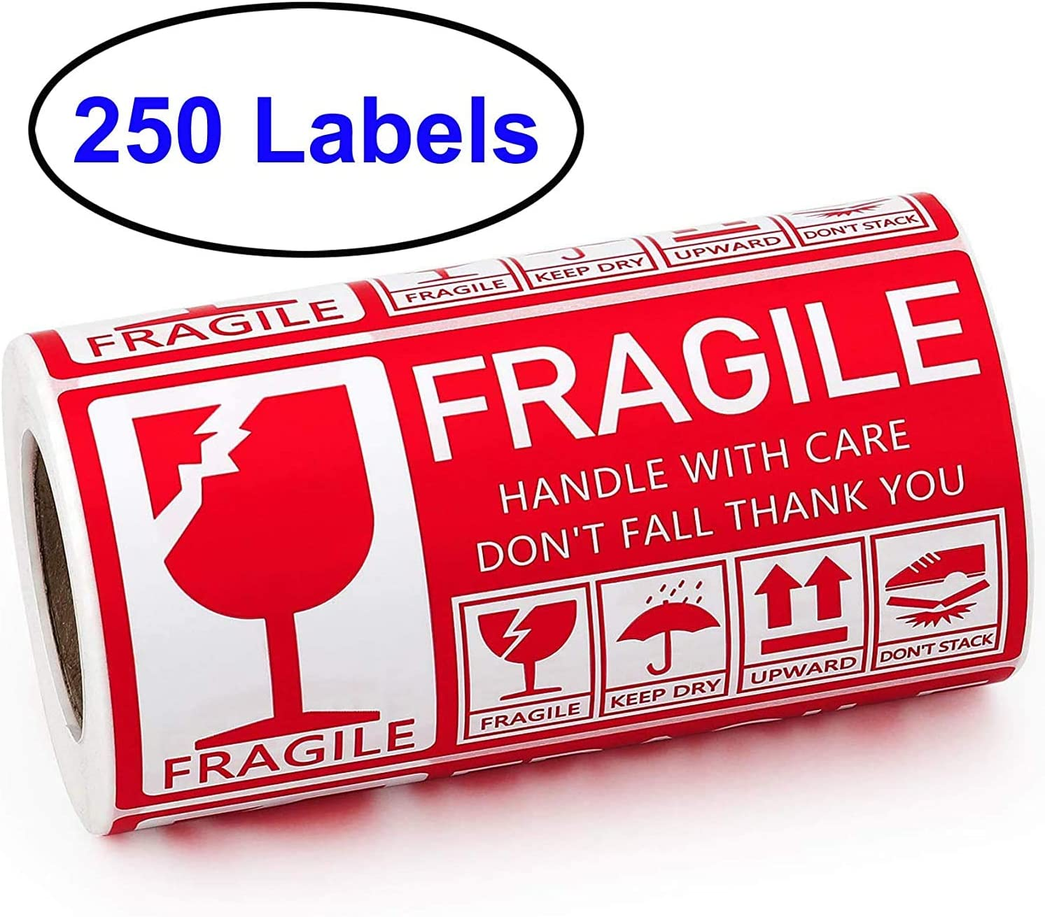 AUTENS Shipping Labels Fragile Stickers, 250Pcs 1 Roll 130 X 70Mm Labels, Warning Stickers with Notice Handle with Care Do Not Fall Thank You, Keep Dry Upward Do Not Trample (Red) image number 1