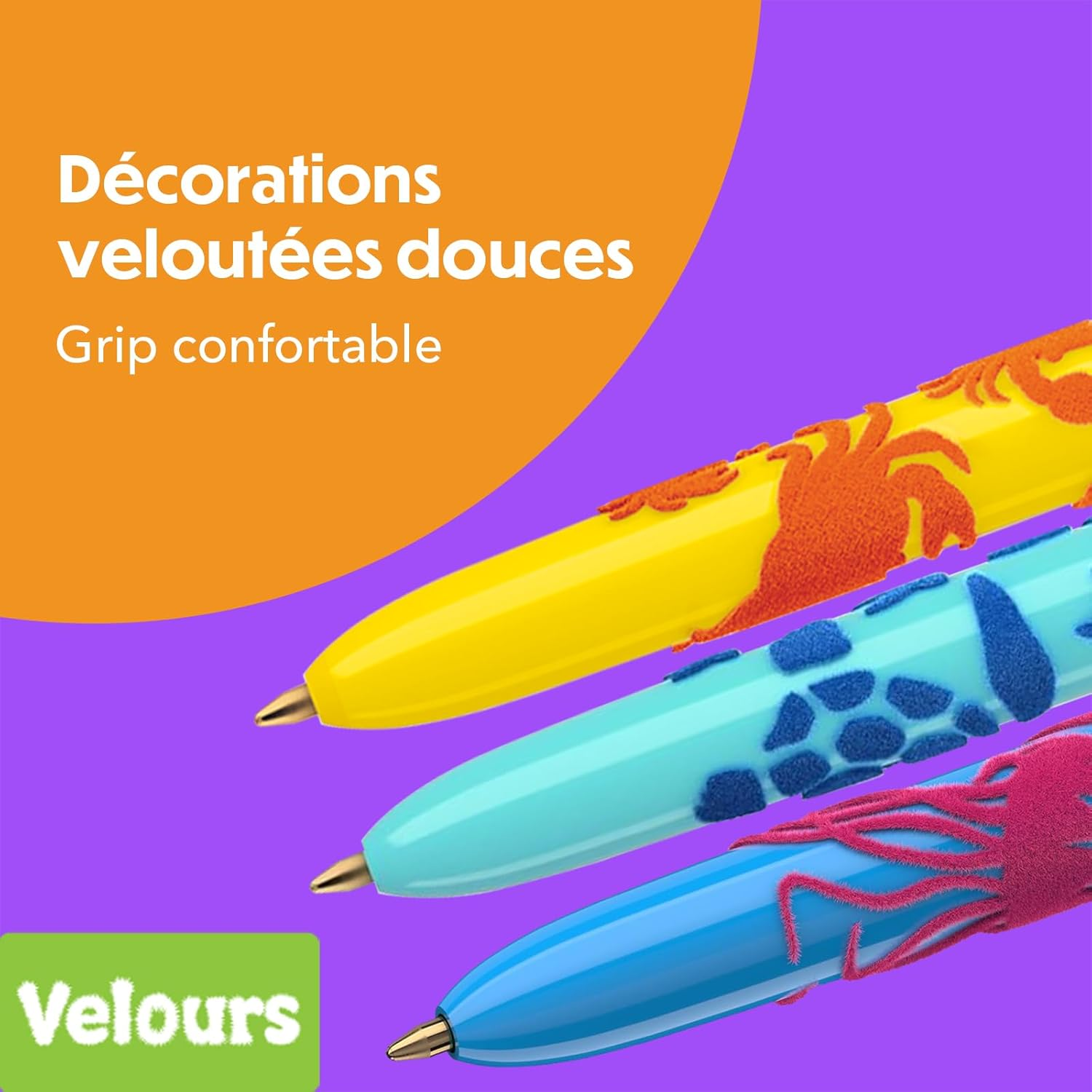 BIC 4 Colours Velours Ball Pens Medium Points (1.00 Mm) Sea Life Theme - 3 Assorted Designs, Pack of 6 image number 1