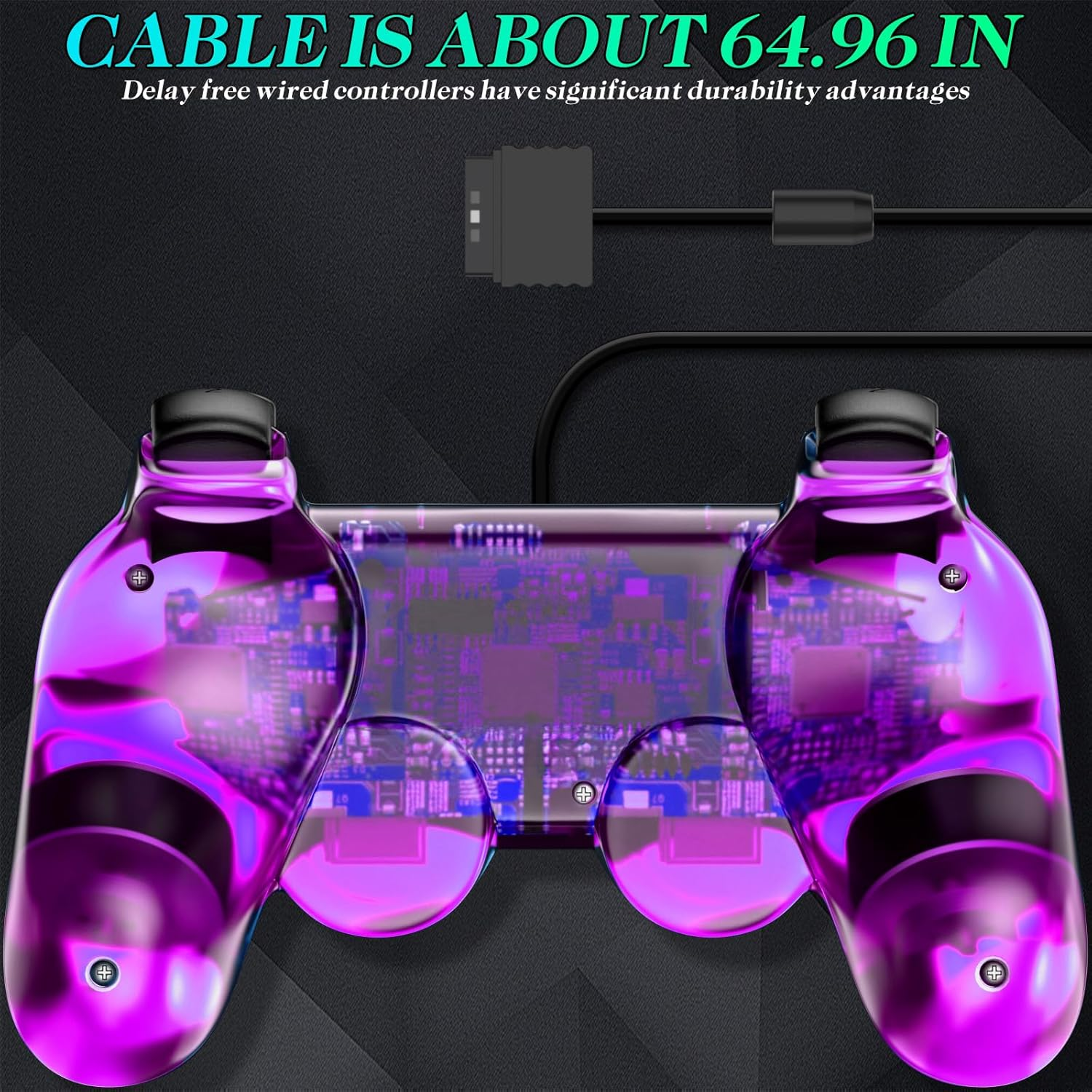 Wired Controller for PS2 Double Shock, 2 Pack Gamepad Remote Compatible with Play Station 2 (Clear Purple and Clear Grean) image number 4
