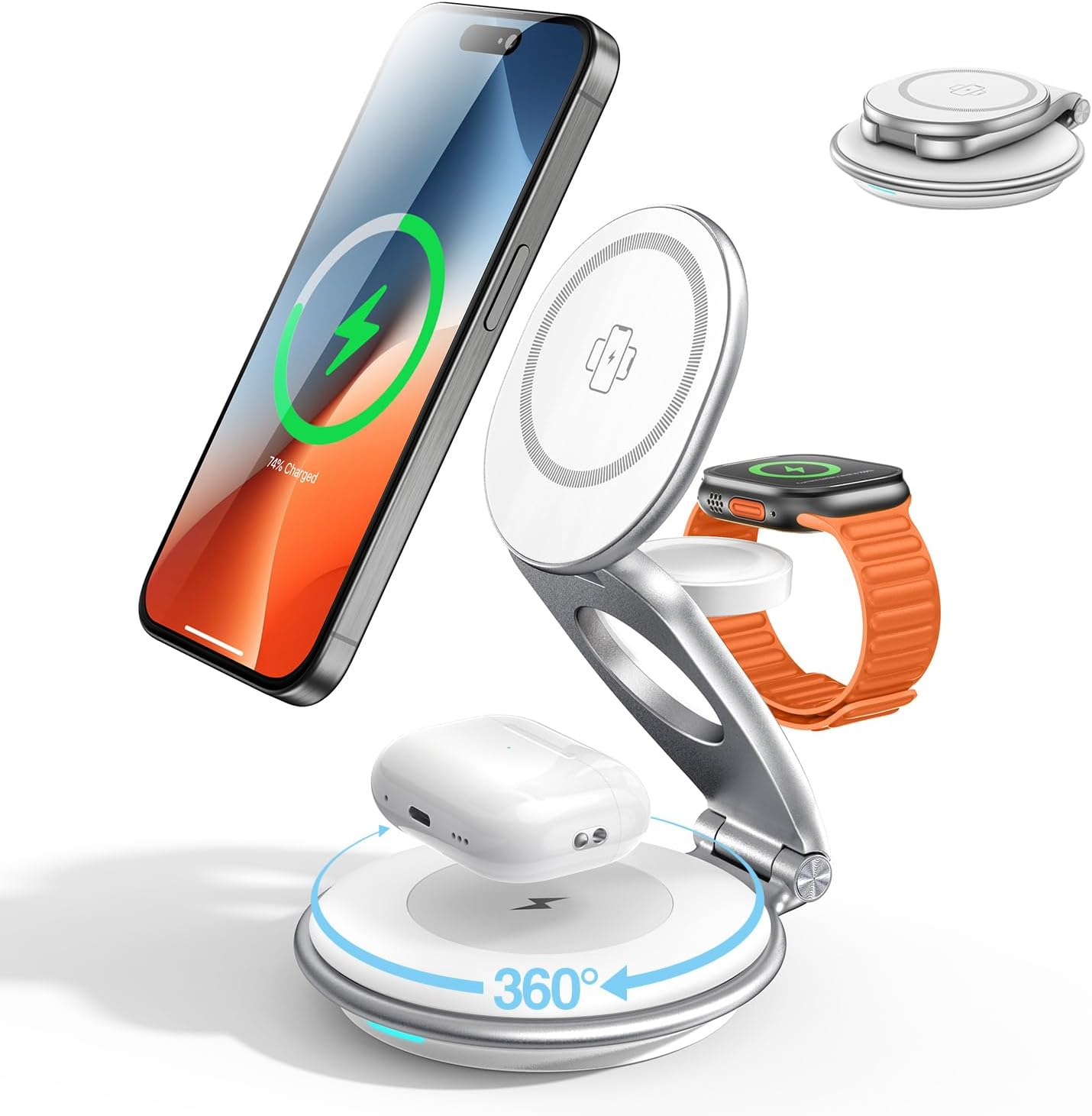 EXW 3 in 1 Wireless Charger for Apple, Wireless Charging Station for Bedside, 15W Phone Charger Stand with 30W Adapter for Iphone 17/16/15/14/13/12 Series, Airpods and Apple Watch Charge (White) image number 3