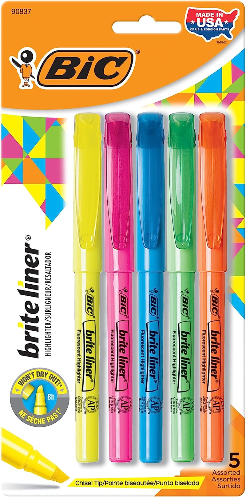 BIC Brite Liner Highlighters, Chisel Tip, Assorted Colors, 5-Count