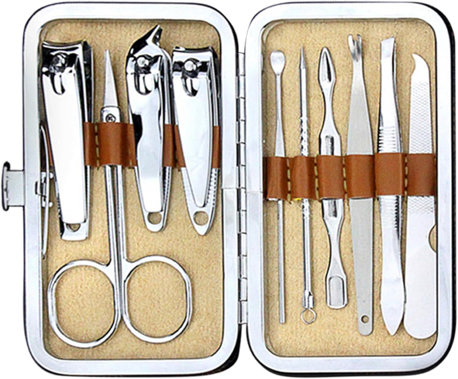 10Pcs Portable Nail Clipper Set Nail Scissors Grooming Kit Ear Spoon Tweezers Nail File Sharp Straight Curved Slant Cutting Blades Stainless Steel Pedicure Manicure Kit with Travel Case