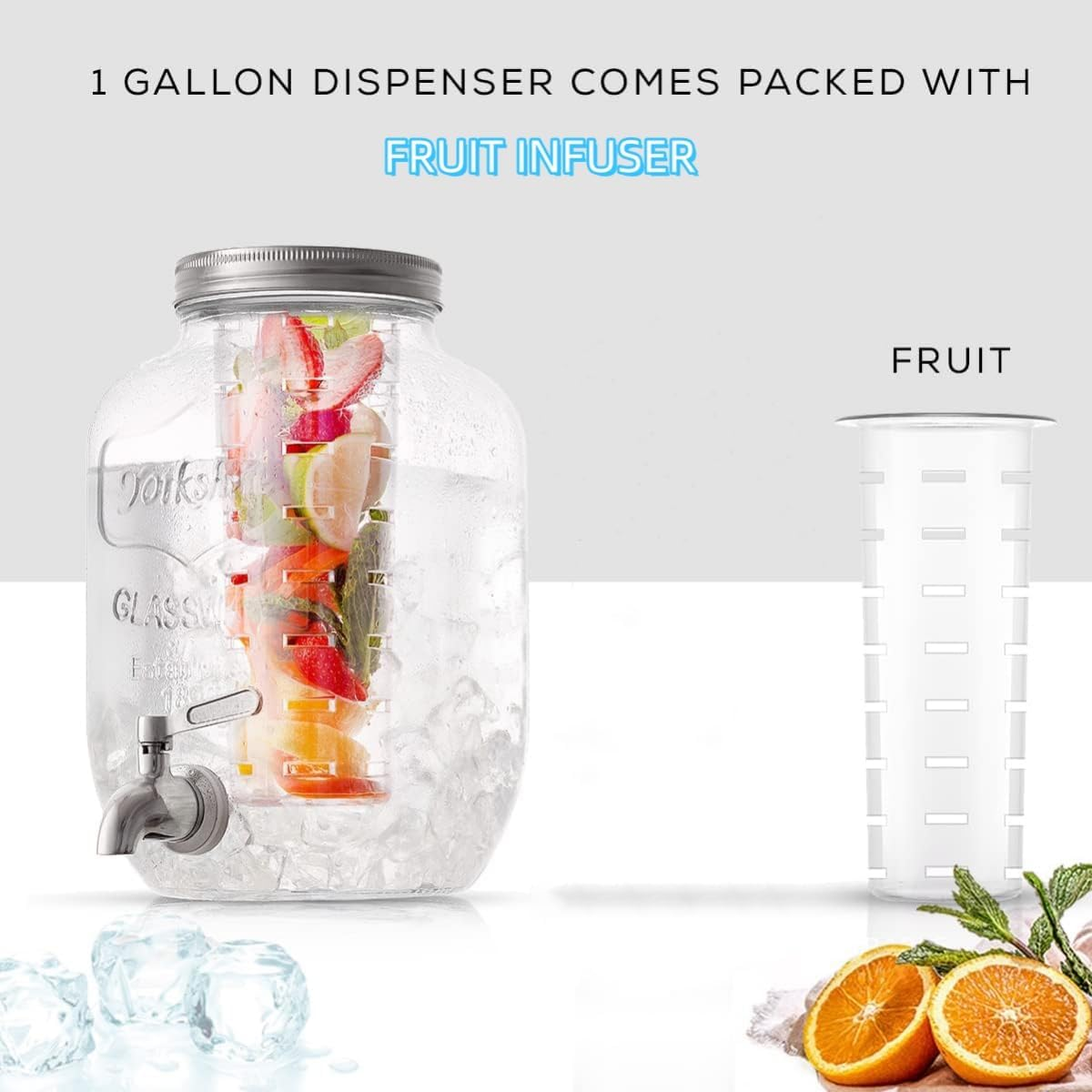 9SHOME 1 Gallon Glass Drink Dispenser with Stand, 2 Pack Beverage Dispenser with Fruit Infuser, Water Juice Lemonade Dispensers with Stainless Steel Spigot & Silicone Coaster for Parties image number 2