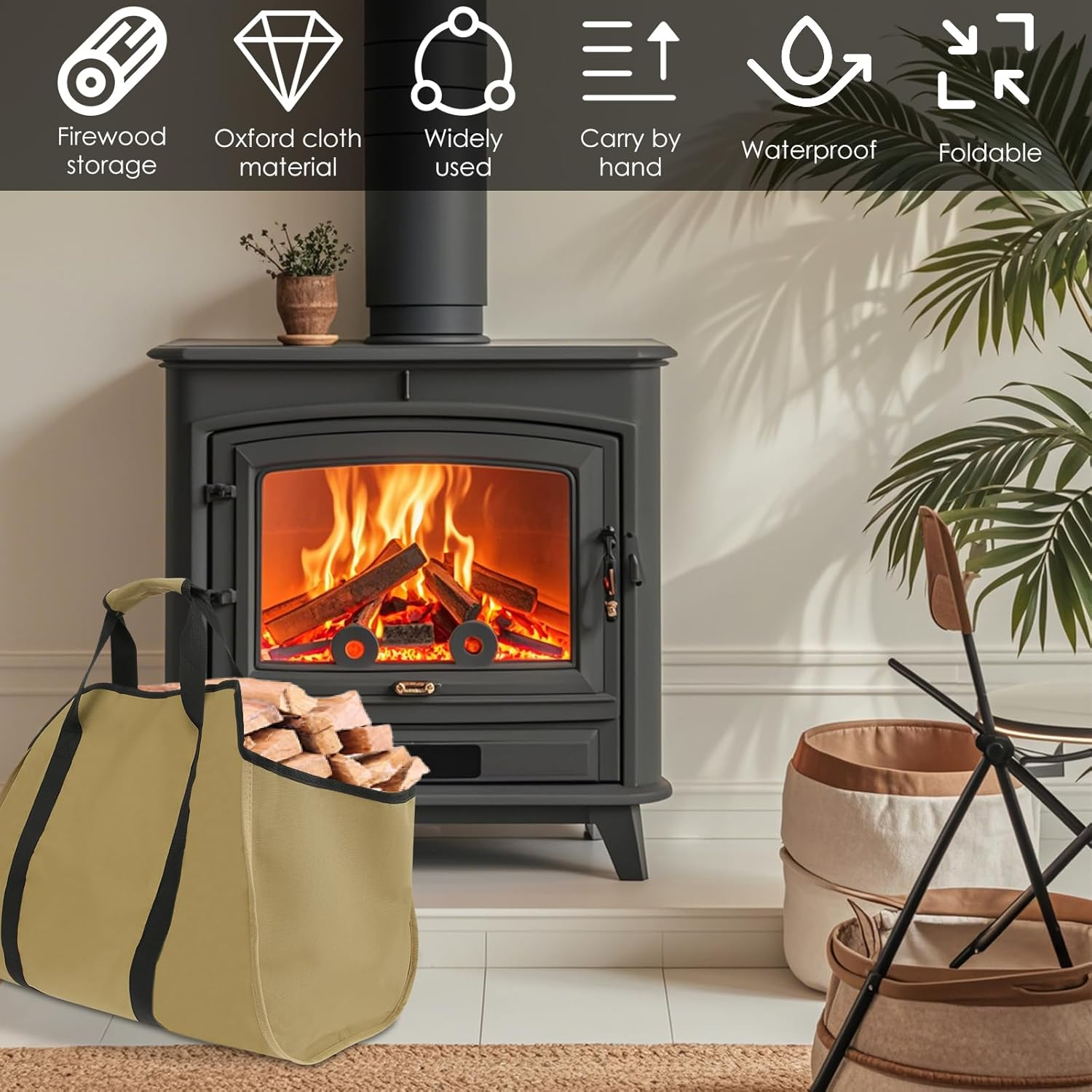 UKQRRTC Firewood Carrier Bag, Sturdy Oxford Cloth Log Carrier, Waterproof, Foldable Wood Carrier for Indoor or Outdoor Camping (Khaki) - Green image number 3