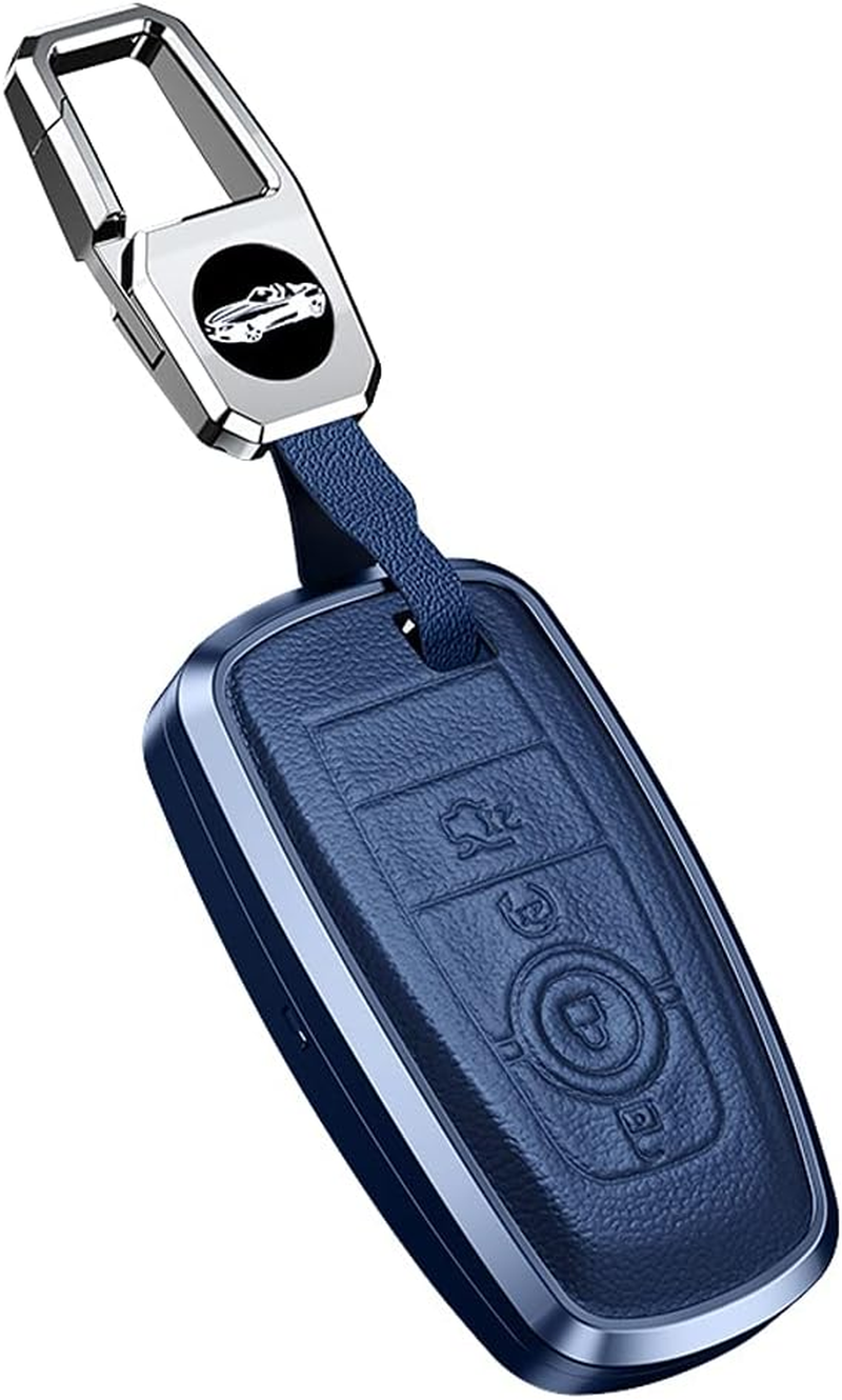 Ontto Alu Alloy Car Key Fob Cover Keyring Fit for Ford Fusion Mustang Explorer F150 F250 F350 Ranger Mondeo Leather Remote Key Case Key Holder Keychain Accessories 3 Buttons Black