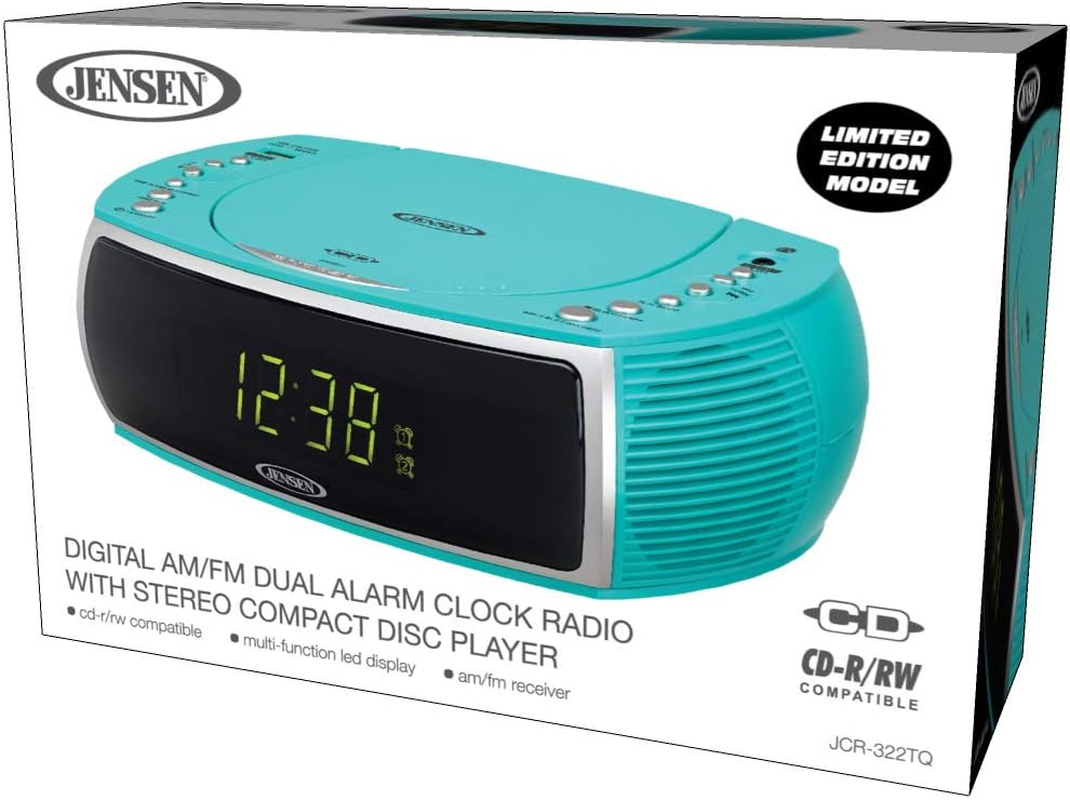 Jensen Turquoise Modern Home CD Tabletop Stereo Clock Digital AM/FM Radio CD Player Dual Alarm Clock Stereo CD Top-Loading Disc Player | USB Charging Port DV 5V 800Ma | Headphone Jack | 0.9 Display image number 3