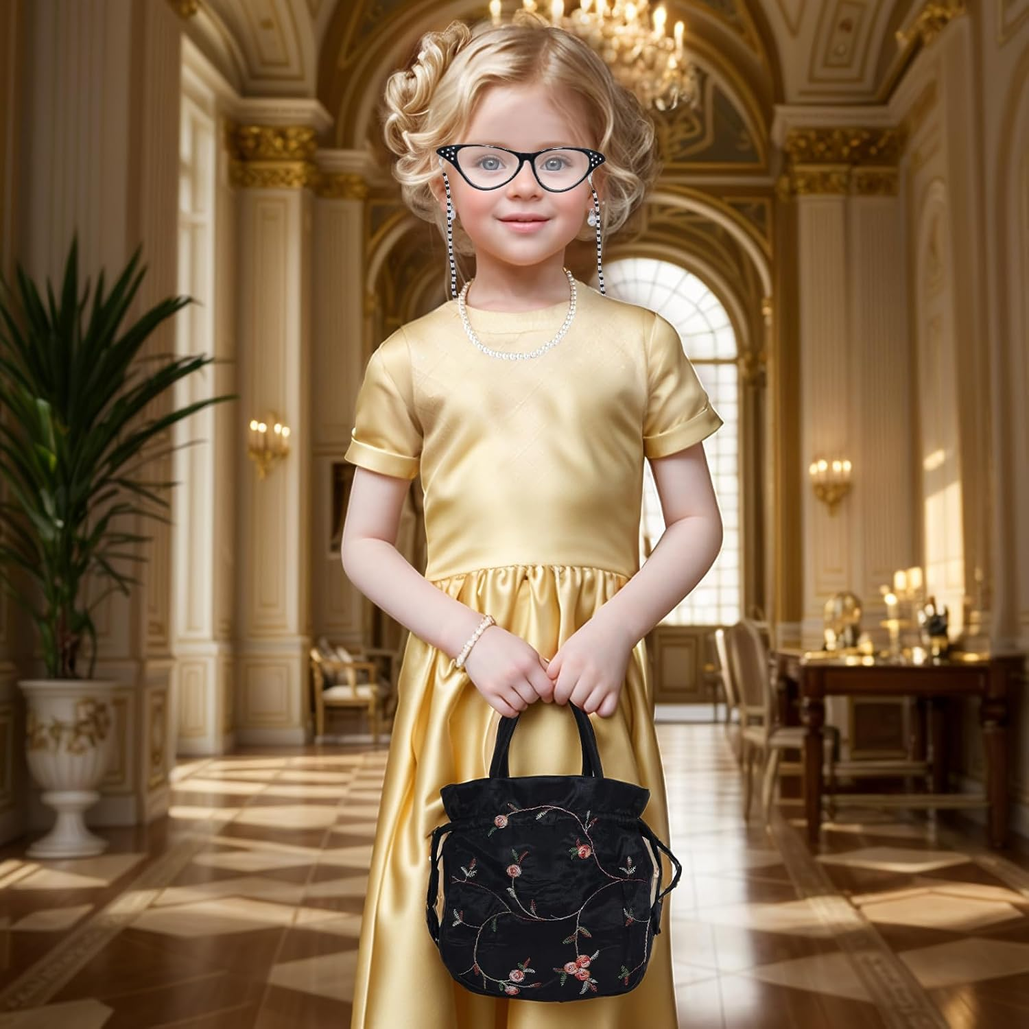 5 Pcs Old Lady Costume Set Grandma Granny Glasses Eyeglasses Chain Pearl Necklace Bracelet for Women Granny Halloween Costume