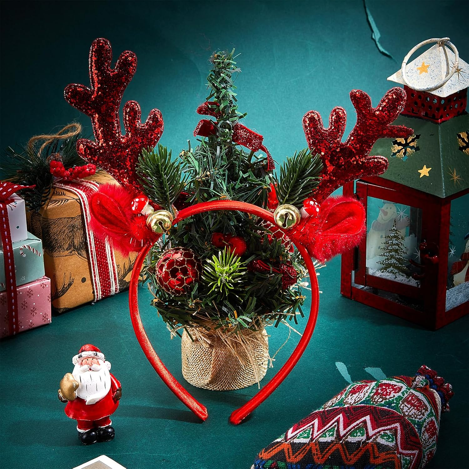 NICENEEDED Reindeer Antlers Headband Red Sequins Christmas Headbands with Deer Antlers Halloween Party Cosplay Costume Decorations for Adults image number 1