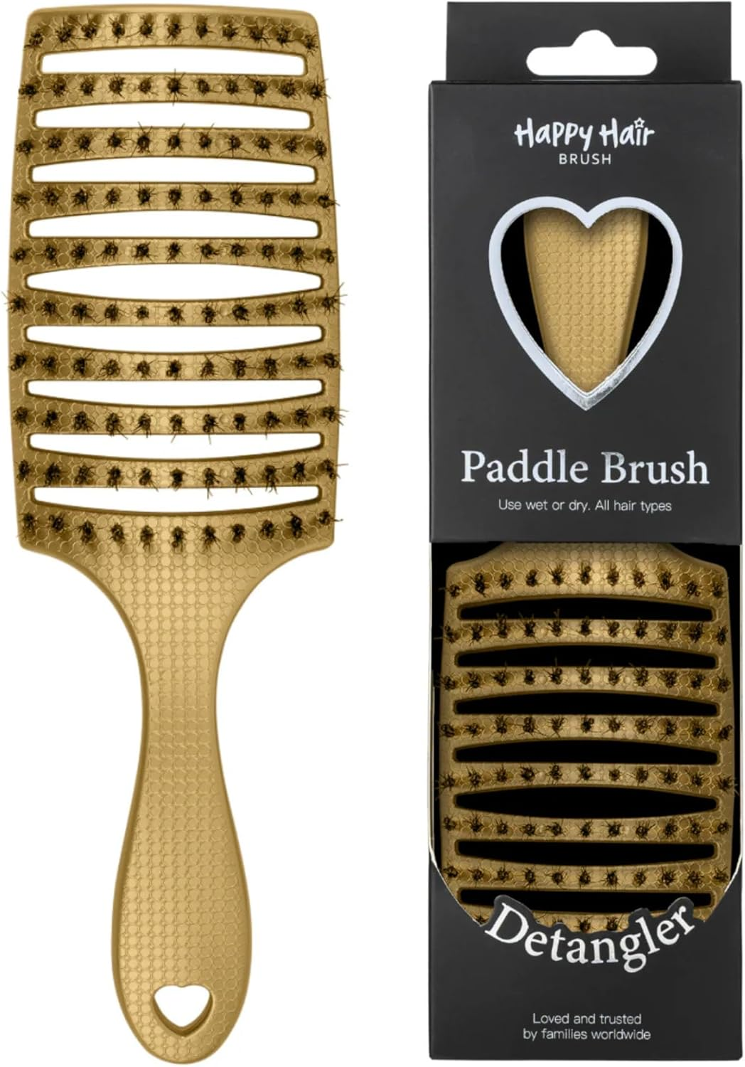 HAPPY HAIR Happy Detangler Paddle Brush with Boar Bristles & Nylon Pins | Designed by Women to Detangle & Smooth Thick, Fine or Curly Hair | Pain-Free Slick Back Brush, Ultra Lightweight (Teal) - Happy Detangler Paddle, Gold