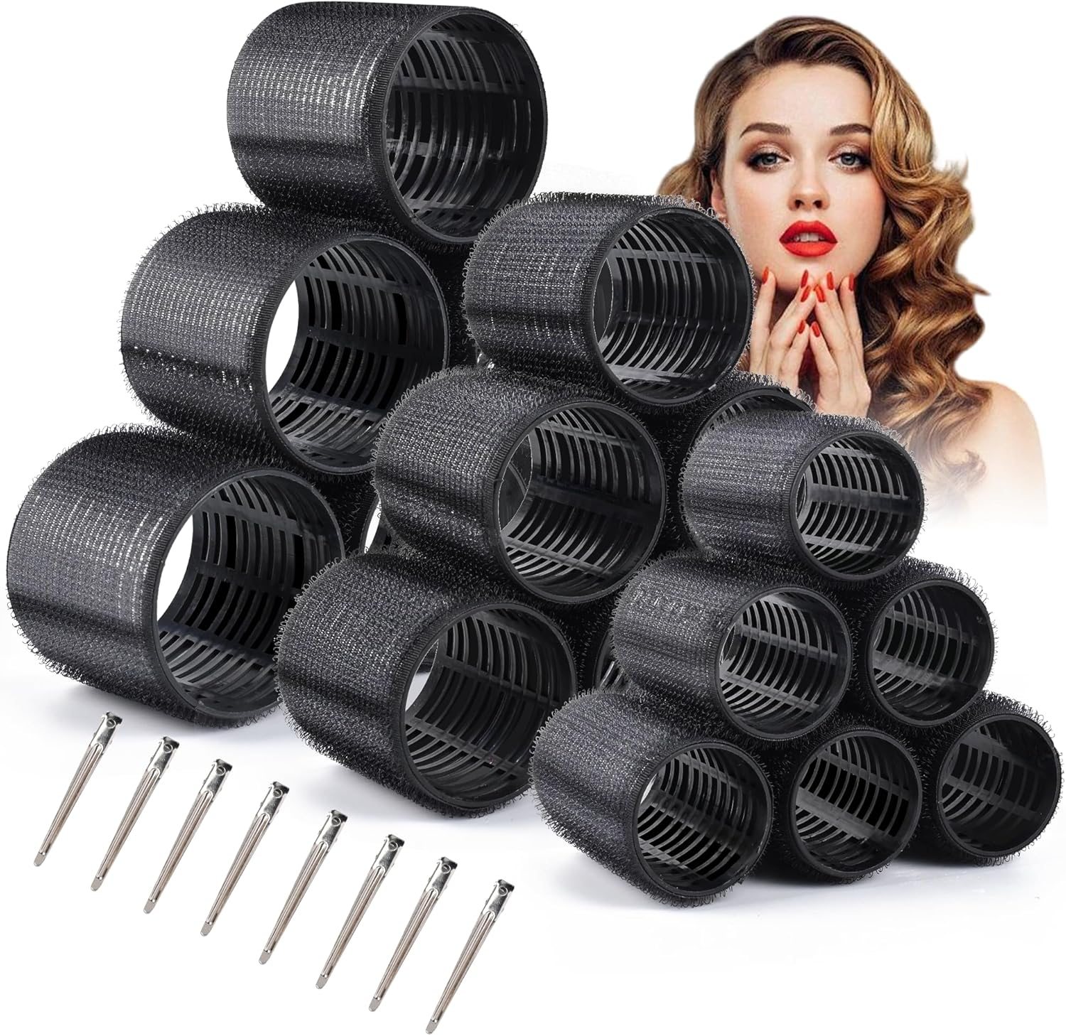 Wetore 26 Pcs Ceramic Thermal Hair Rollers Set,Hair Curlers for Blowout Look Long Medium Short Hair,Jumbo Self Grip Hair Rollers with Clips for Women(18 Rollers + 8 Stainless Steel Clips Black)