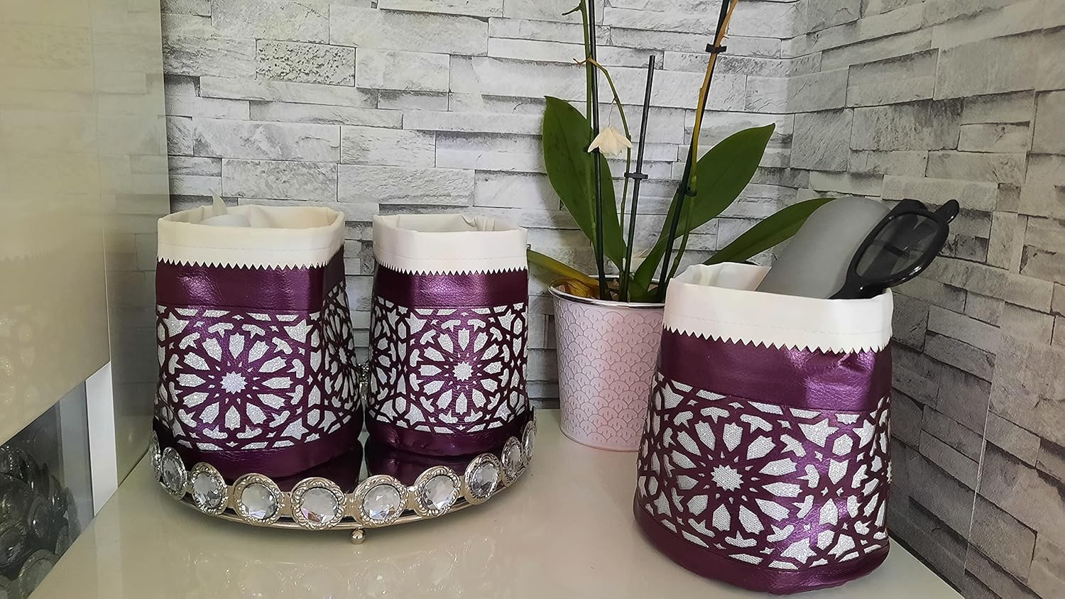 ELAZVIBES Storage Basket - Organiser Basket Set of 3 - Oriental Pattern - round Baskets Utensilo - Gift Basket Table Basket Organiser Storage - Baskets - Grey-Gold image number 4