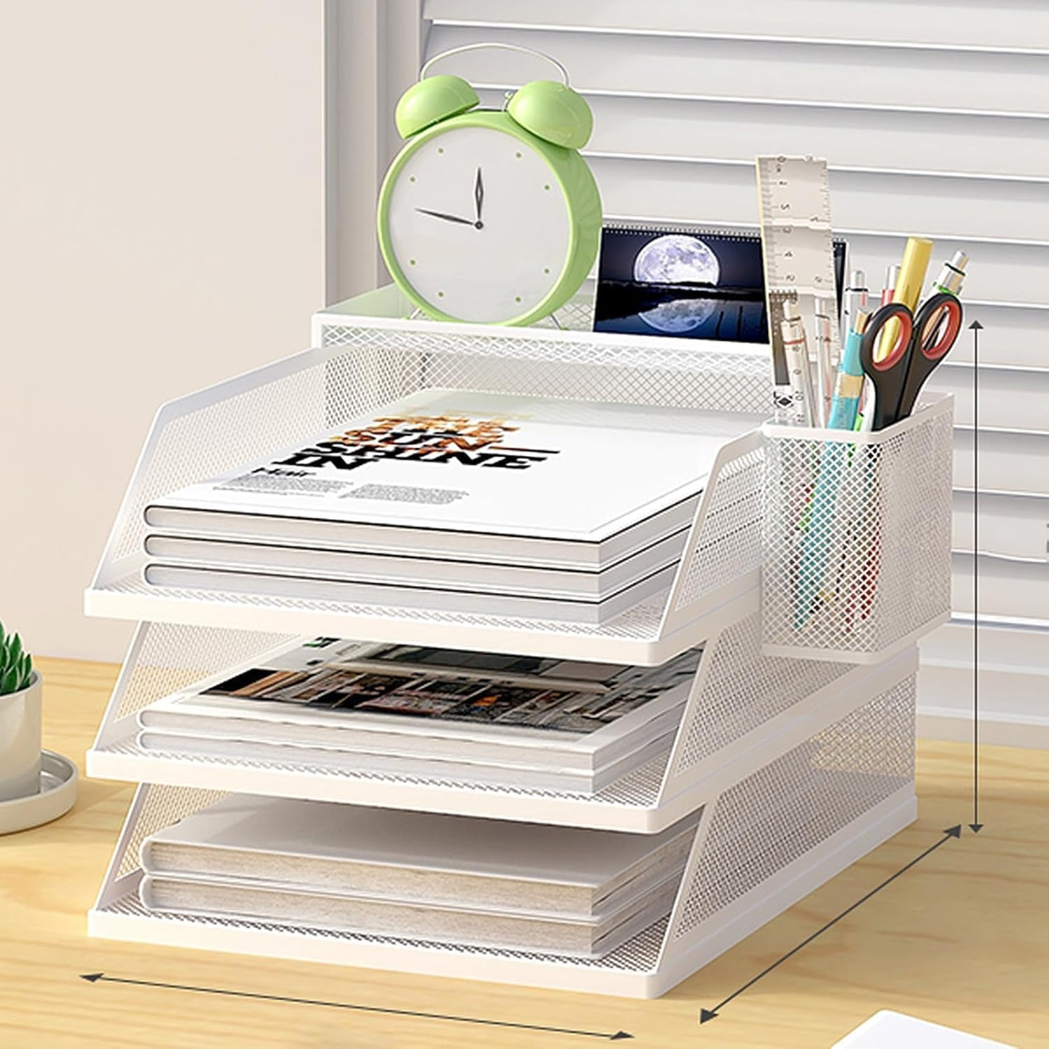 Desk File Organiser, 3 Tier Drawable Storage Rack with Top Box Letter Tray Paper Organiser with Pen Holder and Metal Hanging Basket, Simple and Stylish Office Supplies, White (Horizontal)