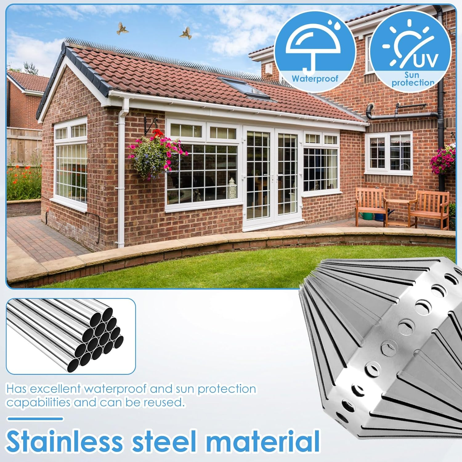 2M Bird Defender Spikes Bird Spikes with Gloves and Straps Stainless Steel Bird Deterrent Spikes Anti-Bird Nest Fence Spike No More Bird Nests and Bird Droppings for Pigeon Small Birds Squirrel image number 1