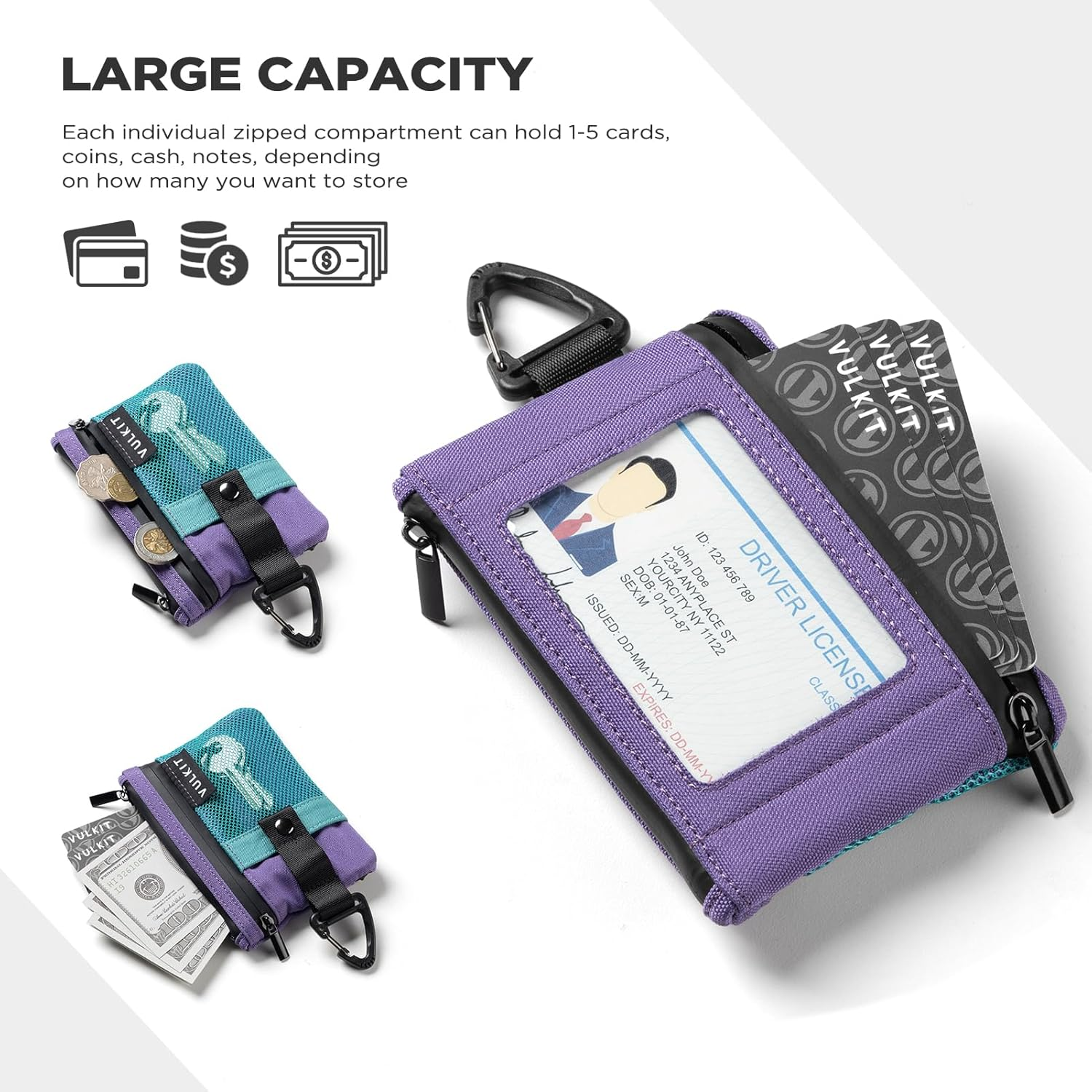 VULKIT Small RFID Wallet for Women & Men - Minimalist Zipper Wallet with ID Window, Keychain & Carabiner, Holds 15 Cards, Water Resistant Travel Lanyard Wallet Aauagreen Purple - Black image number 2