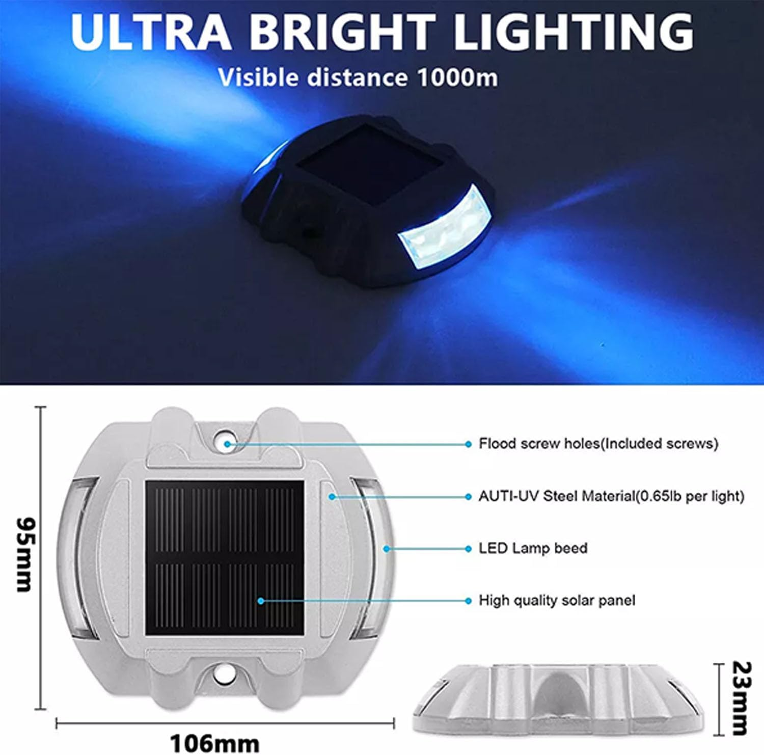 2Pack Blue Extra Bright Solar Deck Lights Waterproof with 6 LED, Wireless Driveway Safety Light for Pathway Garden Walkway