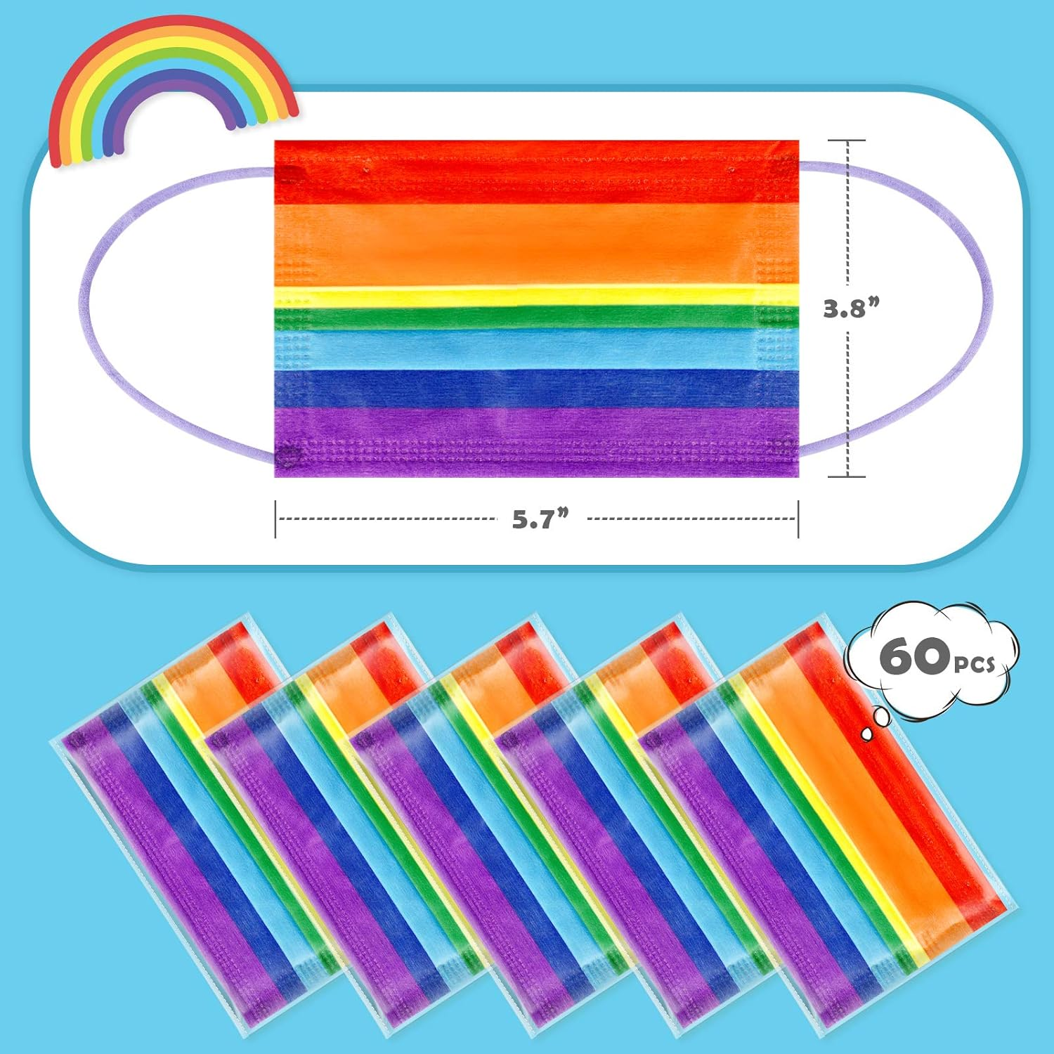 Kids' 60PCS Disposable Face Mask Rainbow Colors Individually Packaged 3-Layer Filter Purple Color Soft Elastic Earloop Nonwoven Fabric image number 1