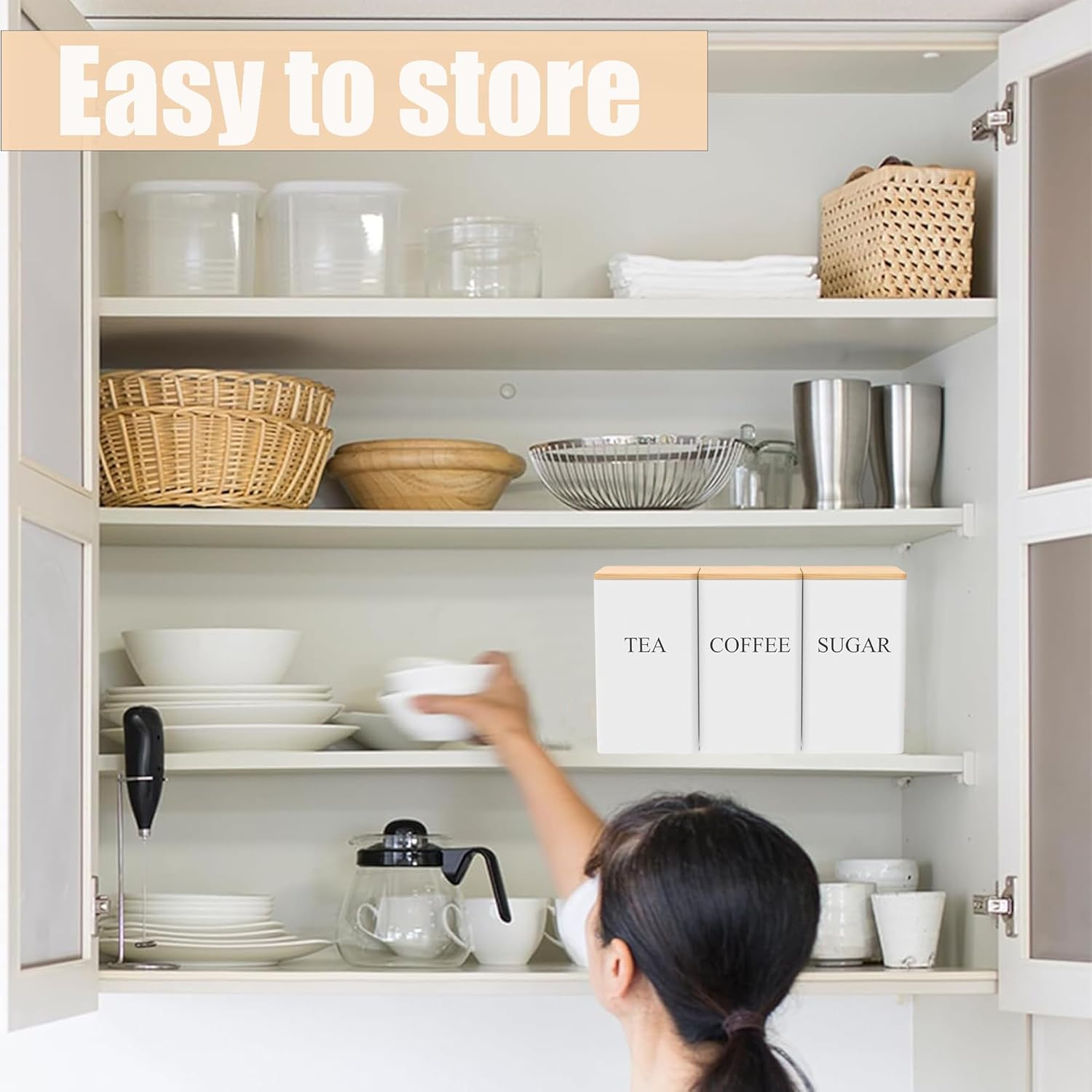 Alerrawia 4 Pcs Tea Coffee Sugar Canister 1000 Ml Metal Coffee Tea Sugar Container with Airtight Bamboo Lid and Name Marker Food Storage Containers Jars for Coffee Sugar Tea White Container image number 3