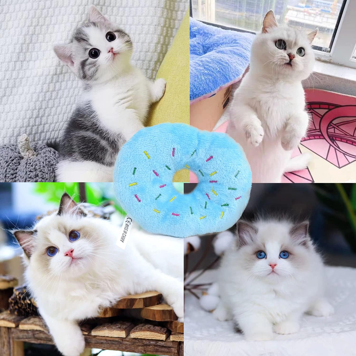 HONBAY 3PCS Donut Shape Plush Cat Catnip Toys Kitten Interactive Pillows Cat Gifts for Cat Lovers