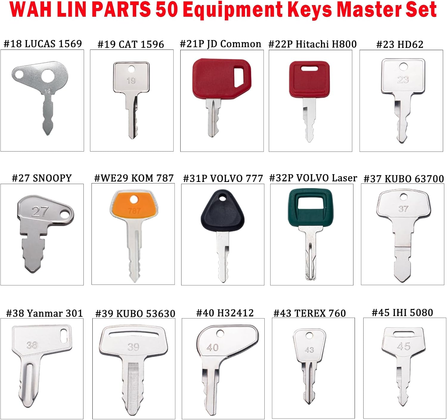 50 Universal Ignition Starter Keys &ndash; Excavator Heavy Machinery Key Set for Cat Caterpillar Case JD JCB Hyster Komatsu Kubota Volvo & More &ndash; Fit Agricultural, Diggers, Forklifts image number 5
