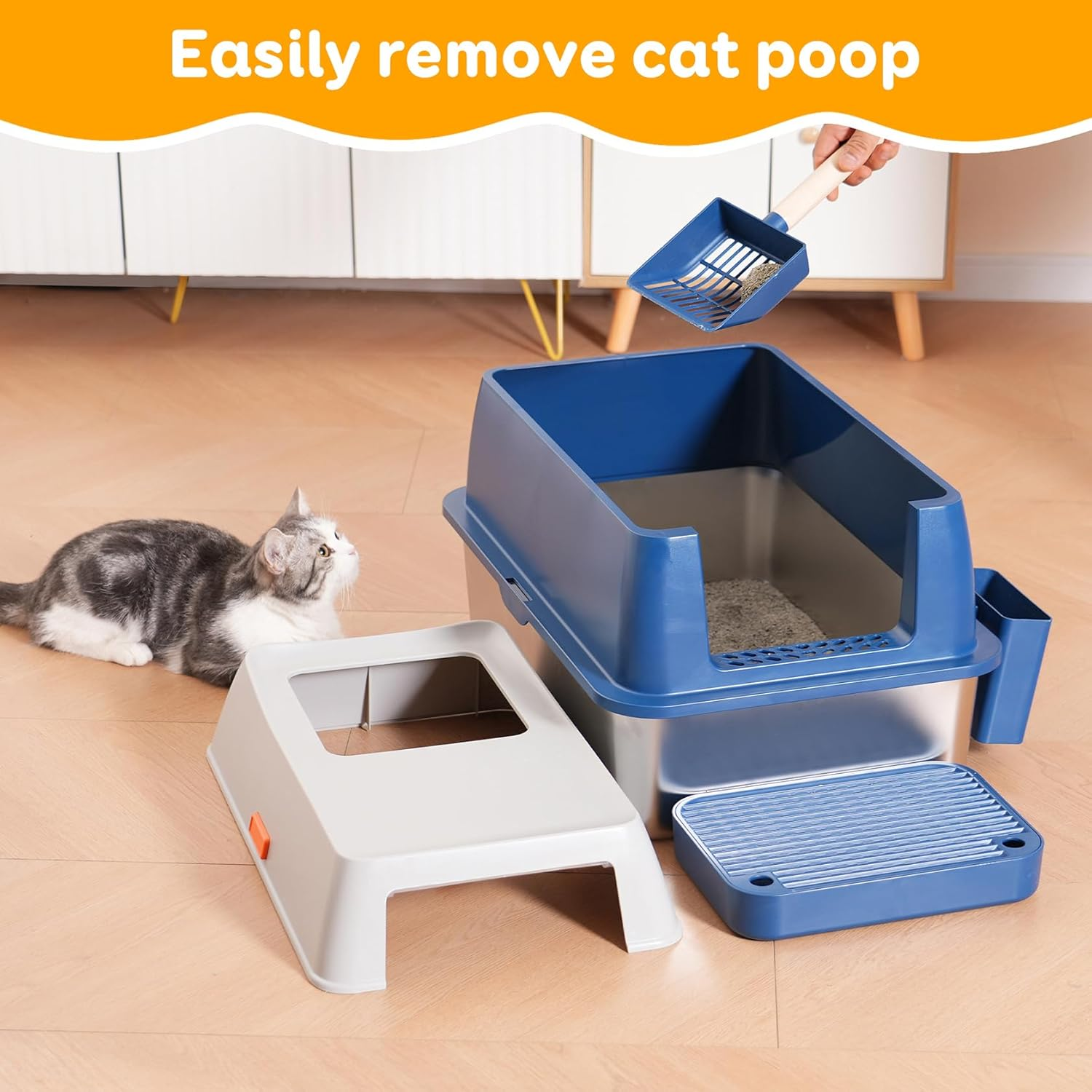 Enclosed Stainless Steel Litter Box with High Sides, Top Entry Jumbo Covered Metal Extra Large for Big Cats, Durable, anti Leakage, Odorless, Non-Sticky - Silver 2Pcs image number 7