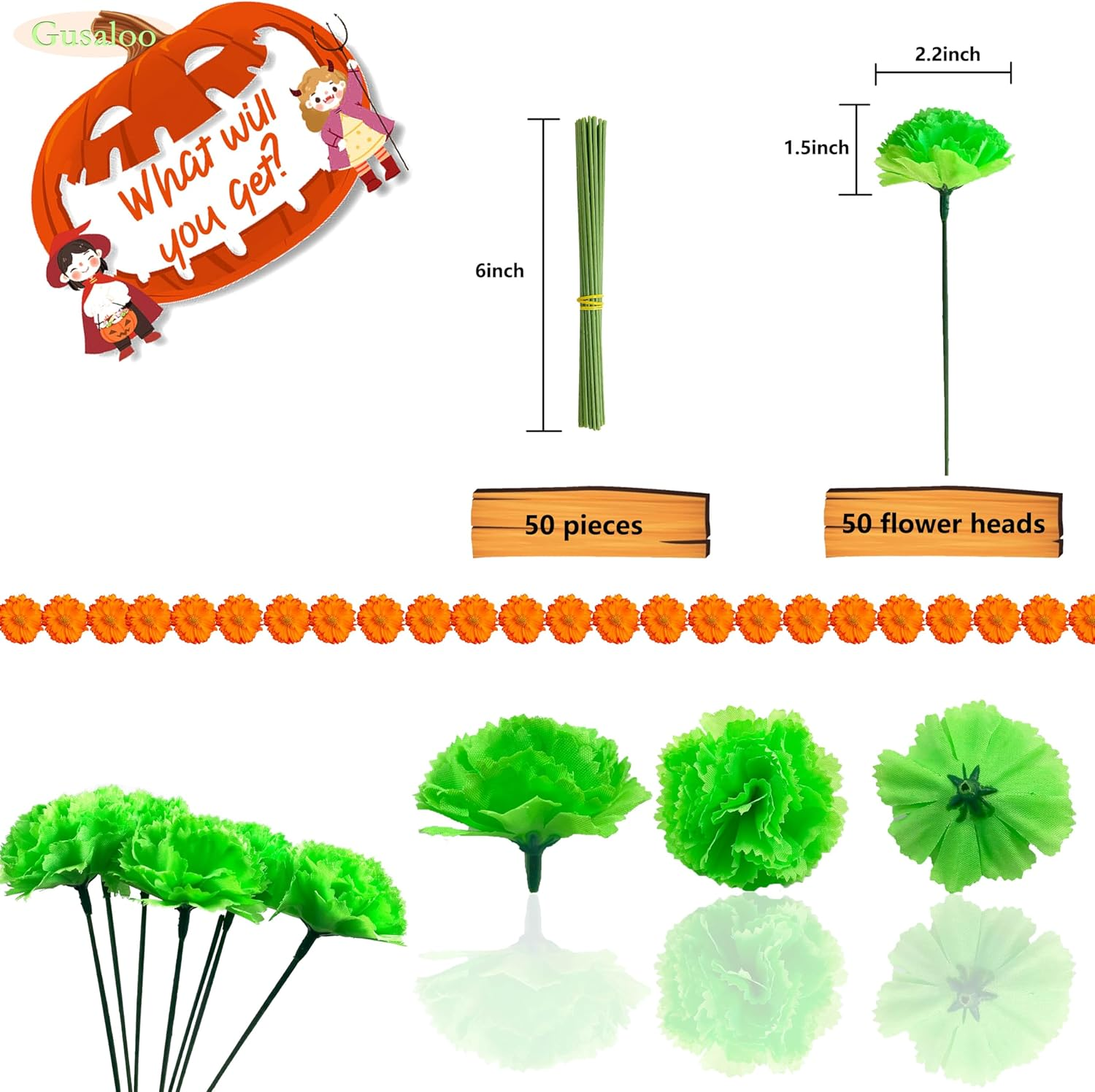 Marigold Flower Heads Bulk 50Pcs, Faux Mexican Marigold Artificial Flowers for Diwali Home Decor DIY Wreath Garland Craft Wedding Mexican Party Day of the Dead Decoration Halloween Decor(Green) image number 3