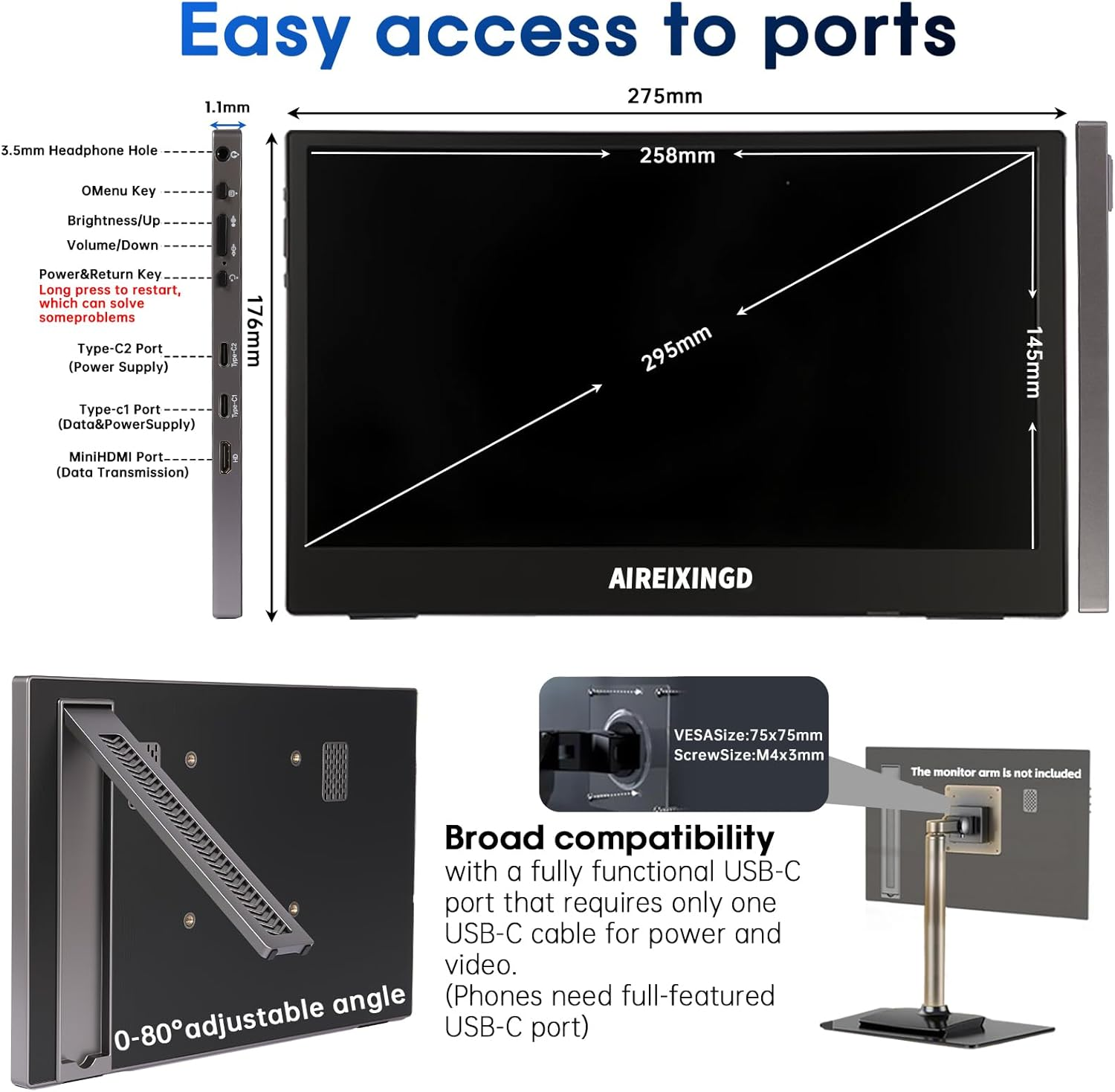 Portable Monitor 11.6-Inch, 1366X768 HD TN Small HDMI Display, Low Power External Screen, Second Monitor for Laptop PC Mac Xbox image number 3