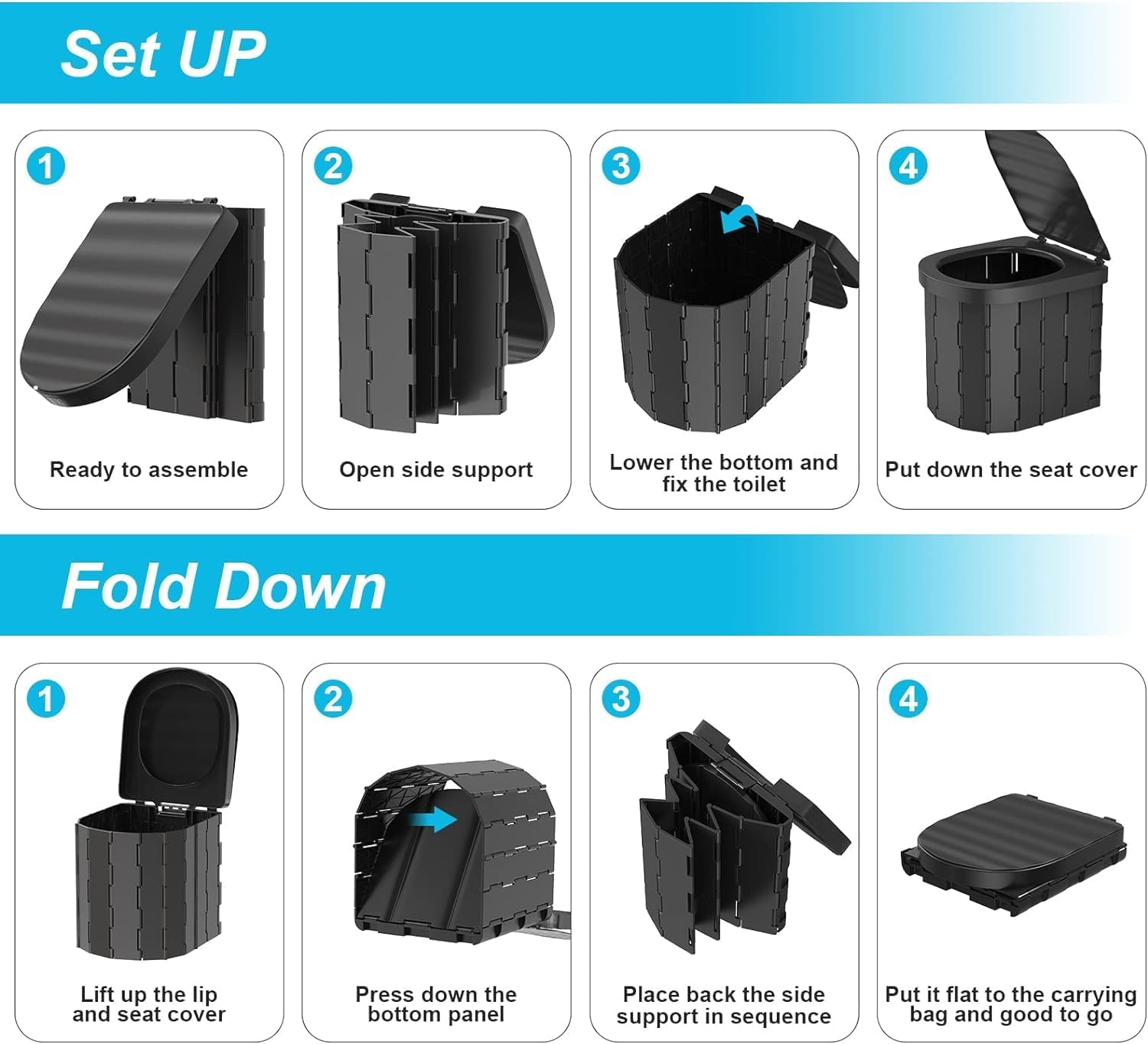 Portable Toilet for Camping, Folding with Lid, Waterproof Porta Potty Car Bucket Adults, Travel Camping Hiking Boat Trips Beach image number 3