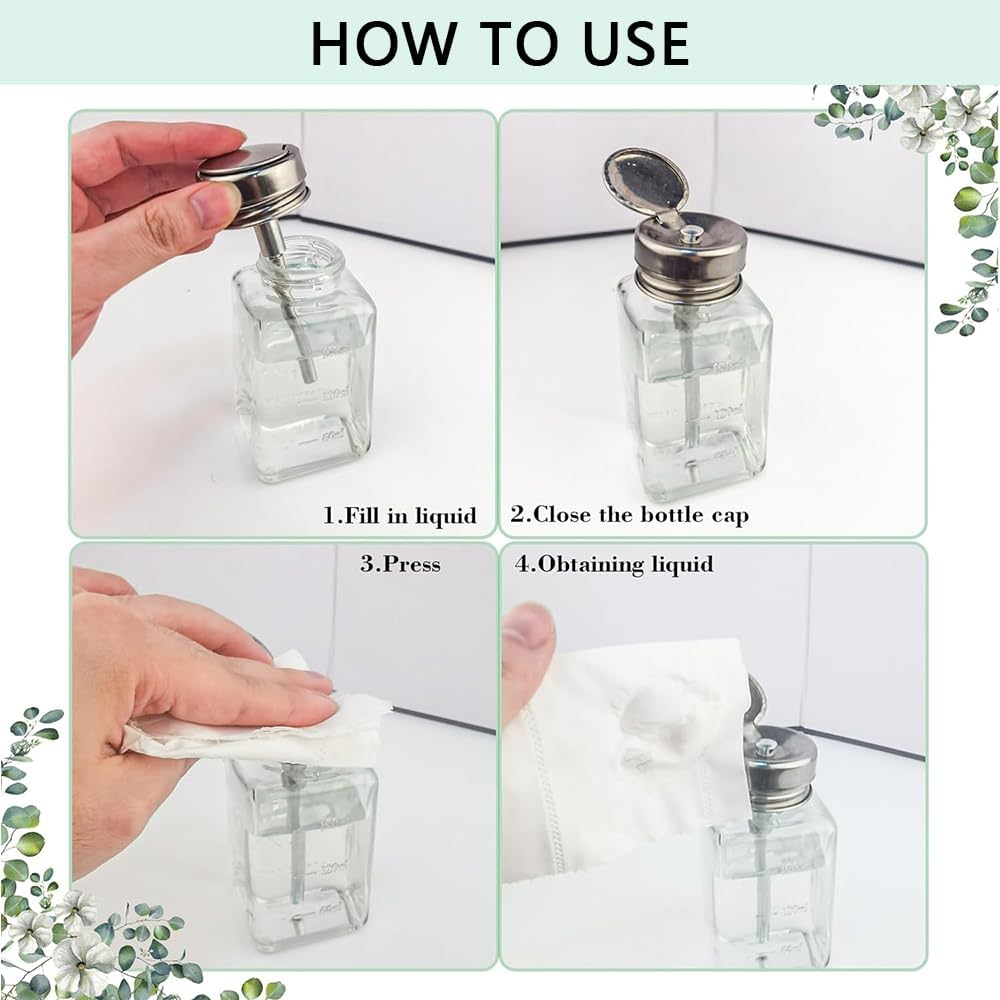 2 Pack 180 ML Square Glass Pump Dispenser Bottles &ndash; Refillable Flip-Top Bottles for Alcohol, Nail Polish Remover, Makeup Remover &ndash; Clear Travel Size Containers with Metal Cap image number 6