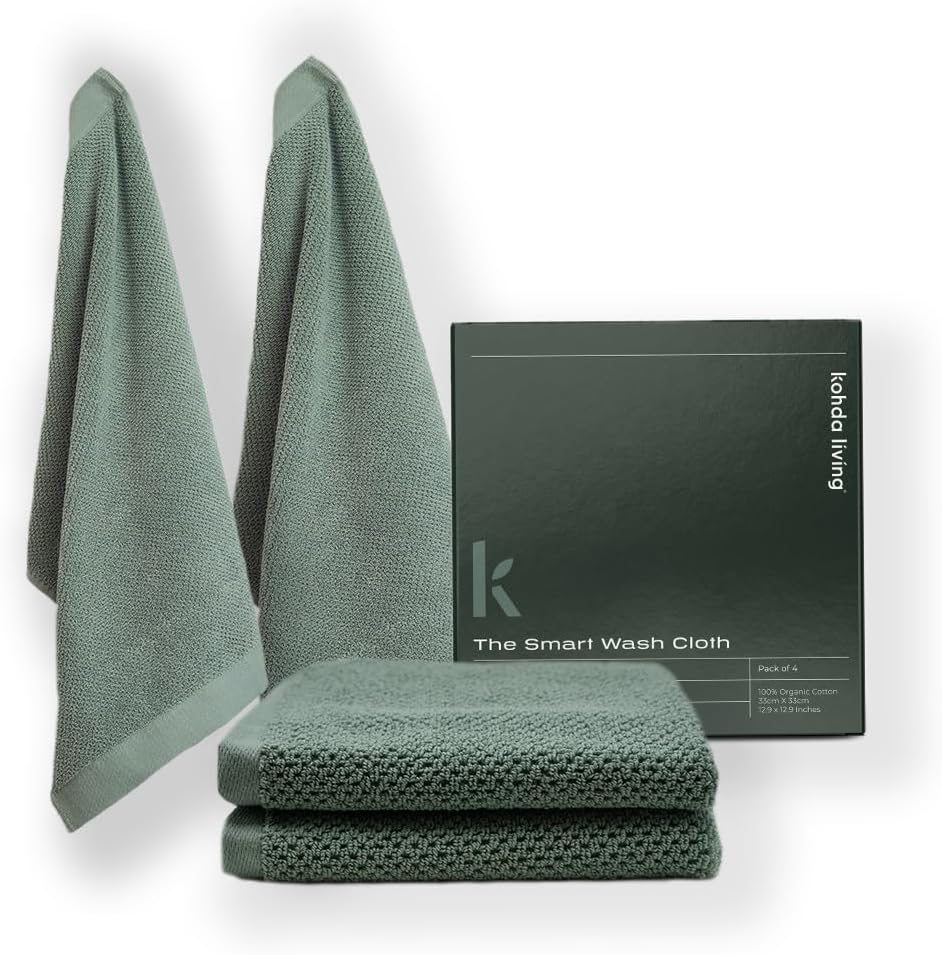 KOHDA LIVING Luxury Washcloths for Face &ndash; Wash Cloths for Bathroom, Silver Infused, Thick & Soft Face Towels &ndash; Premium Luxury Wash Cloths for Your Face, Body, or Bathroom &ndash; 4 Pack (Dune)