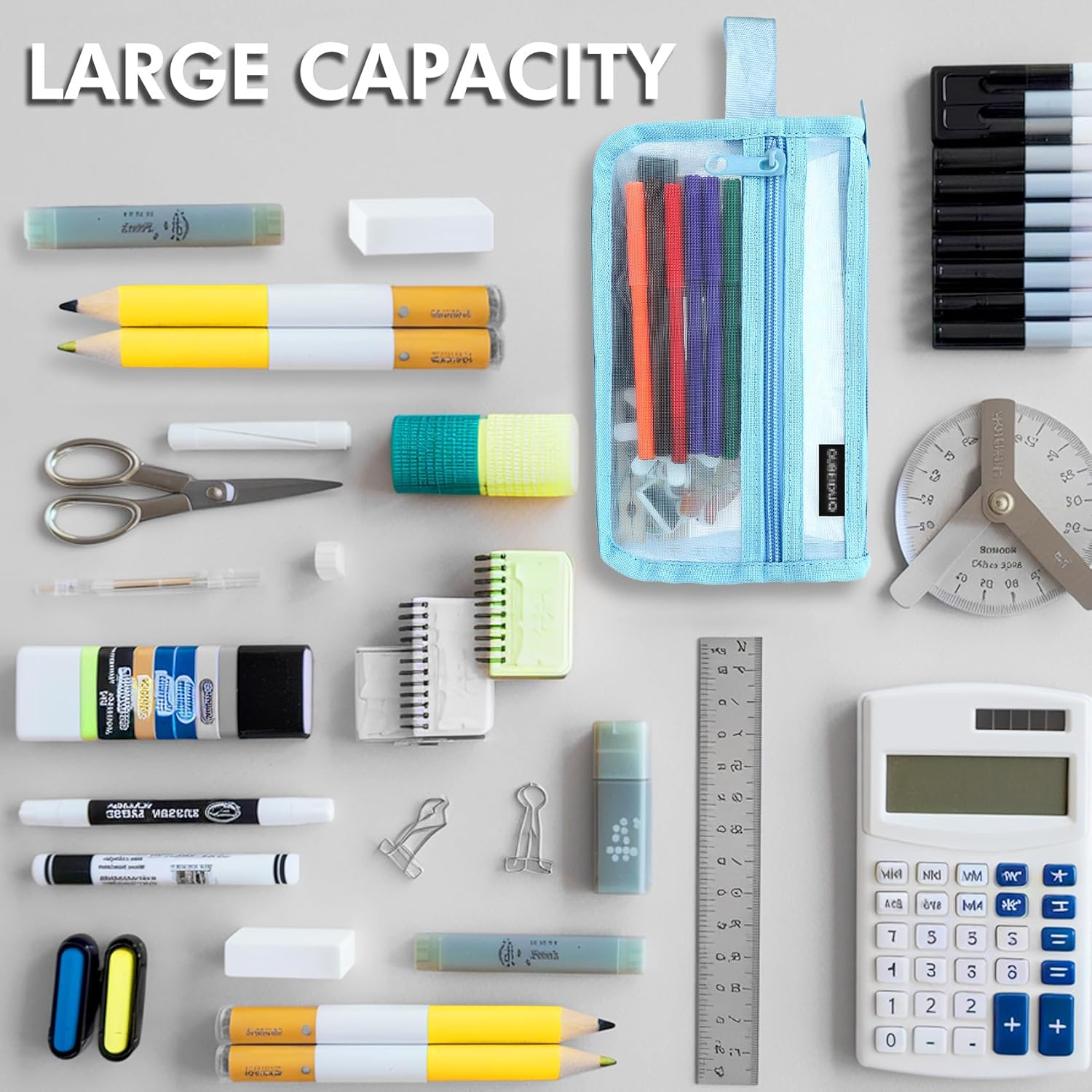 Mesh Transparent Pencil Case,Grid Mesh Pencil Case with Zipper,1Pcs Blue Clear Case Large Pen Bag,Multifunctional Mesh Pen Pouch,Transparent Portable Storage Organizer Holder for Makeup Tool image number 4