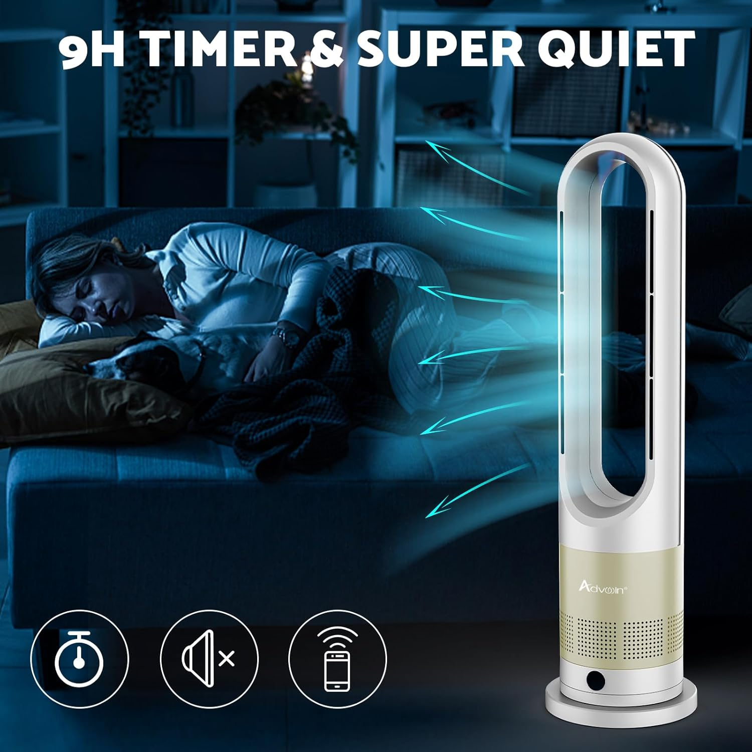 Advwin 2 in 1 Electric Heater, Bladeless Tower Fan with 8 Speeds, Portable Oscillation Fan for Room Bedroom Office Use, Golden