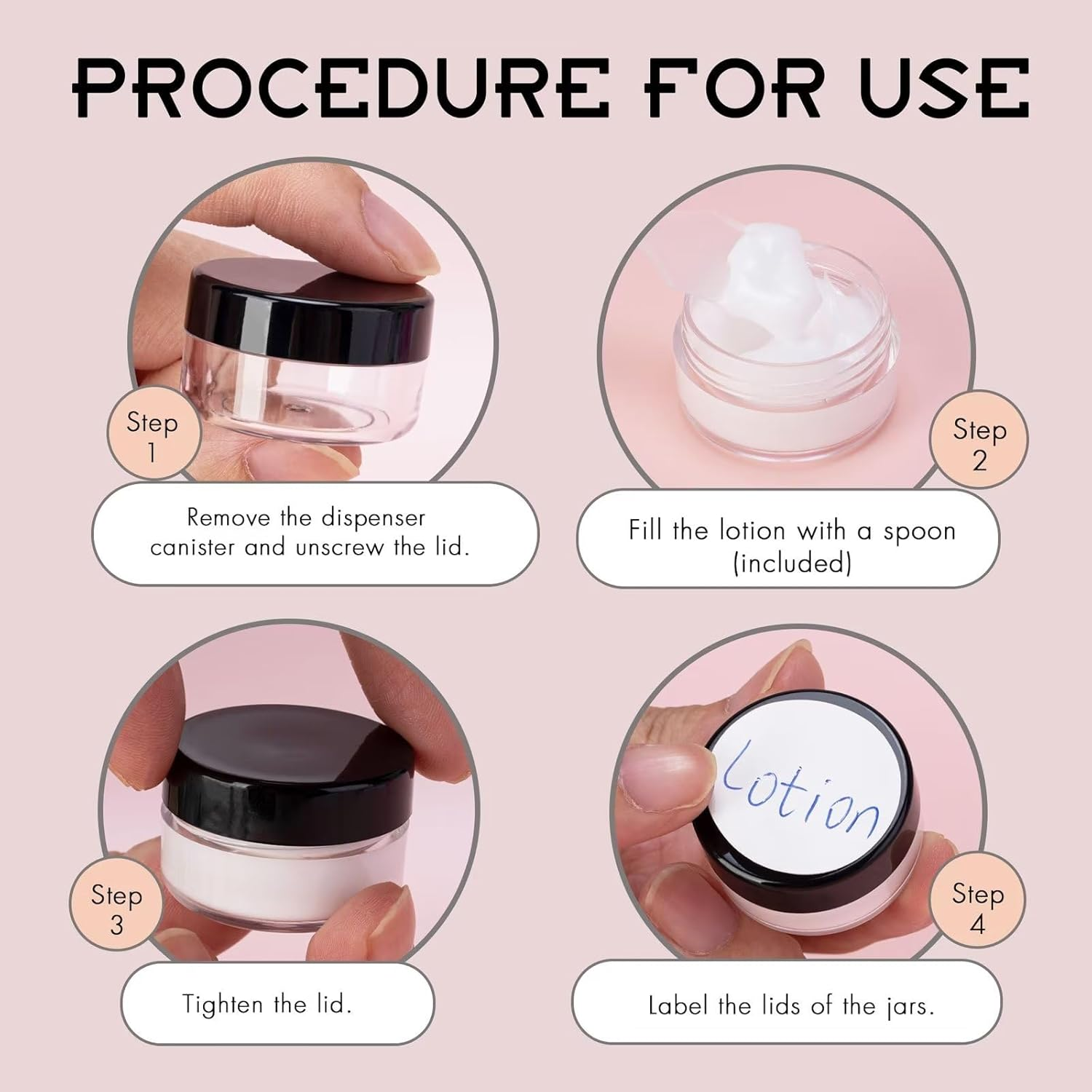 50 Count 5 Gram Sample Containers, Clear Lip Balm Containers with Lids, Small Plastic Sample Jars with 4 Mini Spoons, 50Pcs Labels (Black Lid)