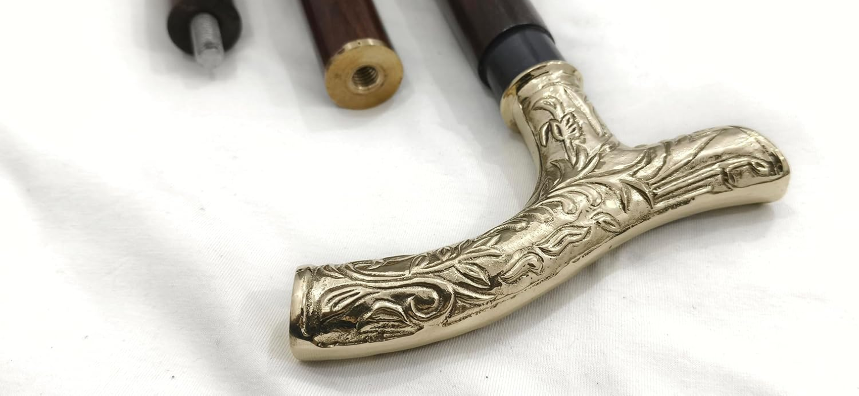Vintage Walking Stick, 94 Cm Brown Wooden Cane, Decorative Brass T-Handle, 3-Piece Design image number 3