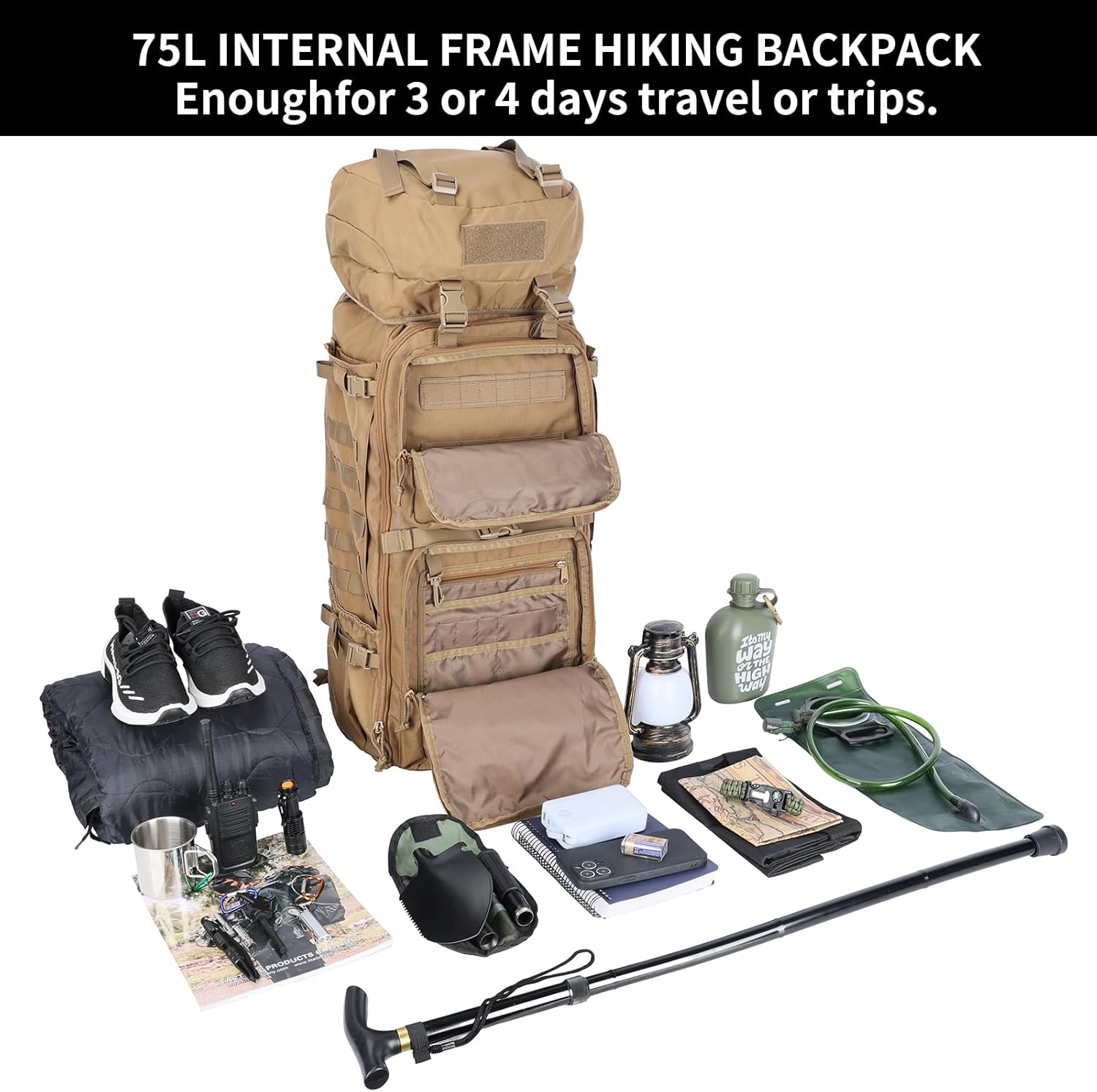 Zsearaymy 75L Hiking MOLLE Backpack with Internal Frame & Rain Cover for Tactical, Camping, Backpacking, Survival Travel image number 3