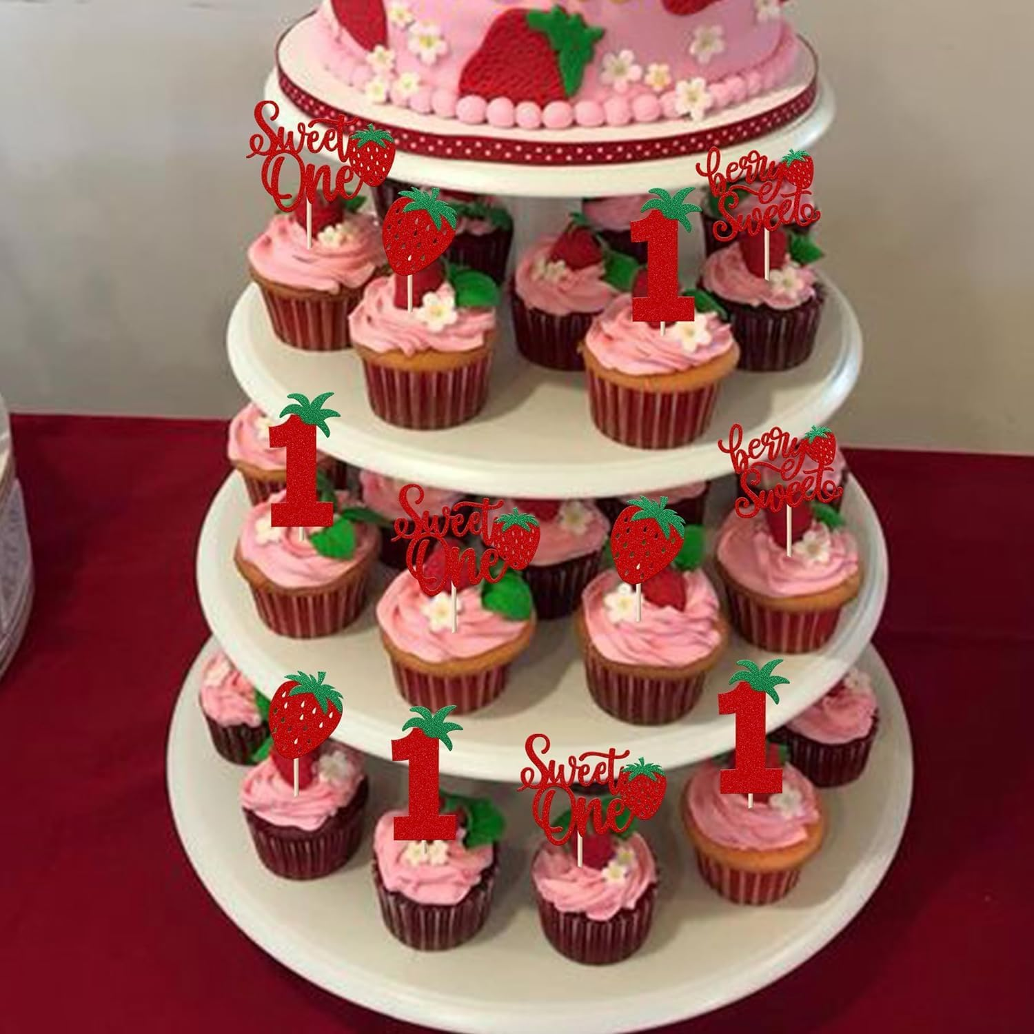 SYKYCTCY 24 Pack Sweet One Cupcake Toppers Glitter First Birthday Strawberry Cupcake Picks for Fruit Baby Shower 1St Birthday Berry Sweet Cupcake Decorations Party Supplies (#1) image number 4