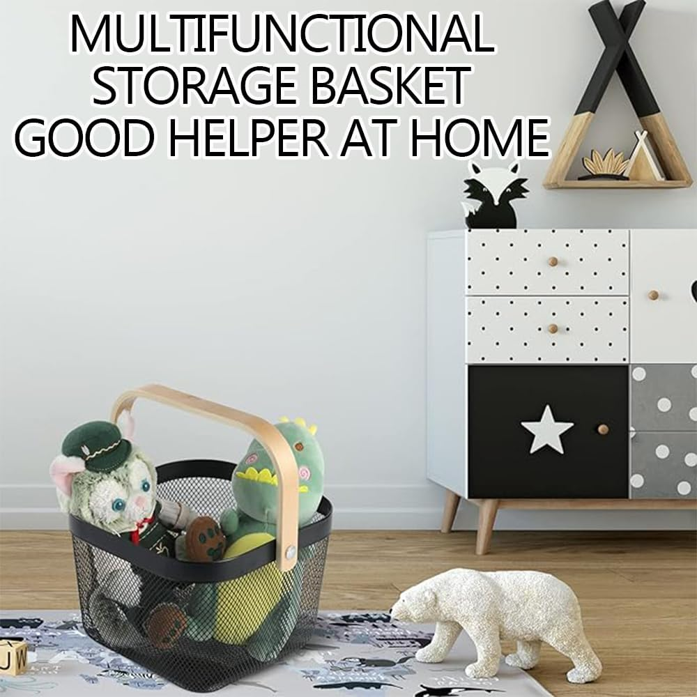 2 Pack Metal Mesh Steel Basket, Square Wire Basket with Handle Storage Organizer Basket, Garden Harvest Basket Fruit Basket for Kitchen Garden Picnic Collect Vegetables (Black) - Green image number 3