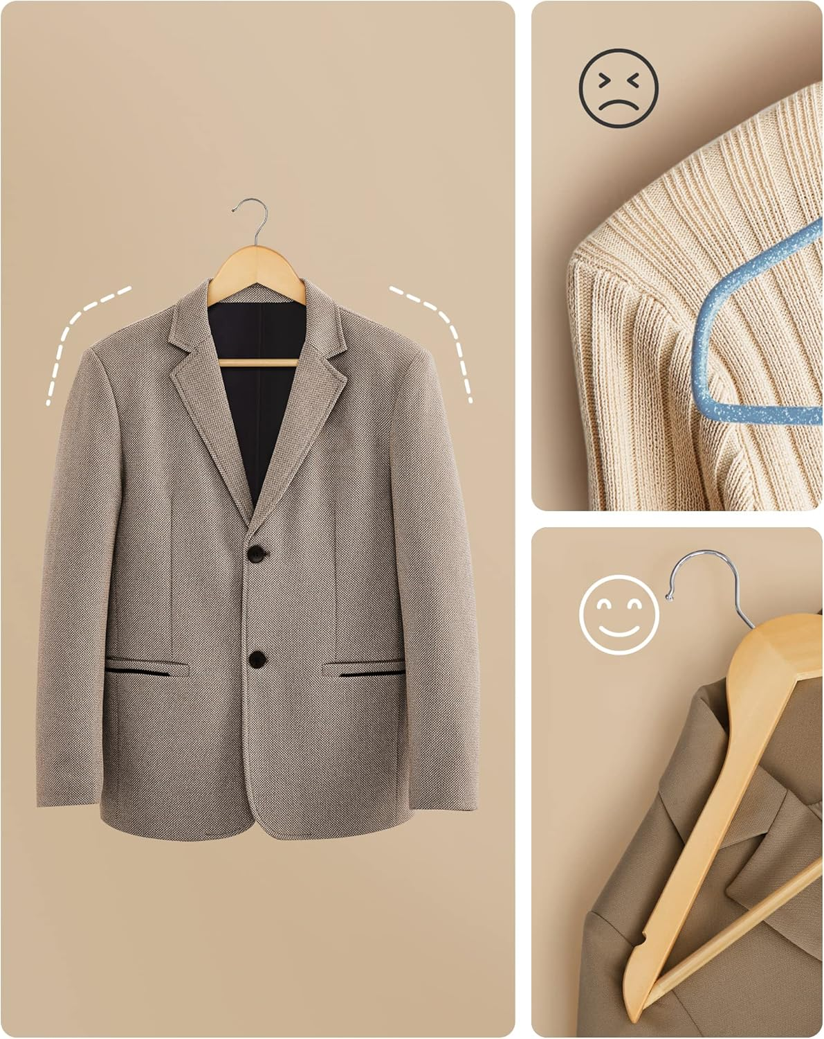 SONGMICS Wooden Hangers, Set of 30, Coat Hangers, Clothes Hangers, with Shoulder Notches, Anti-Slip Trousers Bar, 360&deg; Swivel Hook, for Suits, Shirts, Coats, Natural CRW031NL image number 6