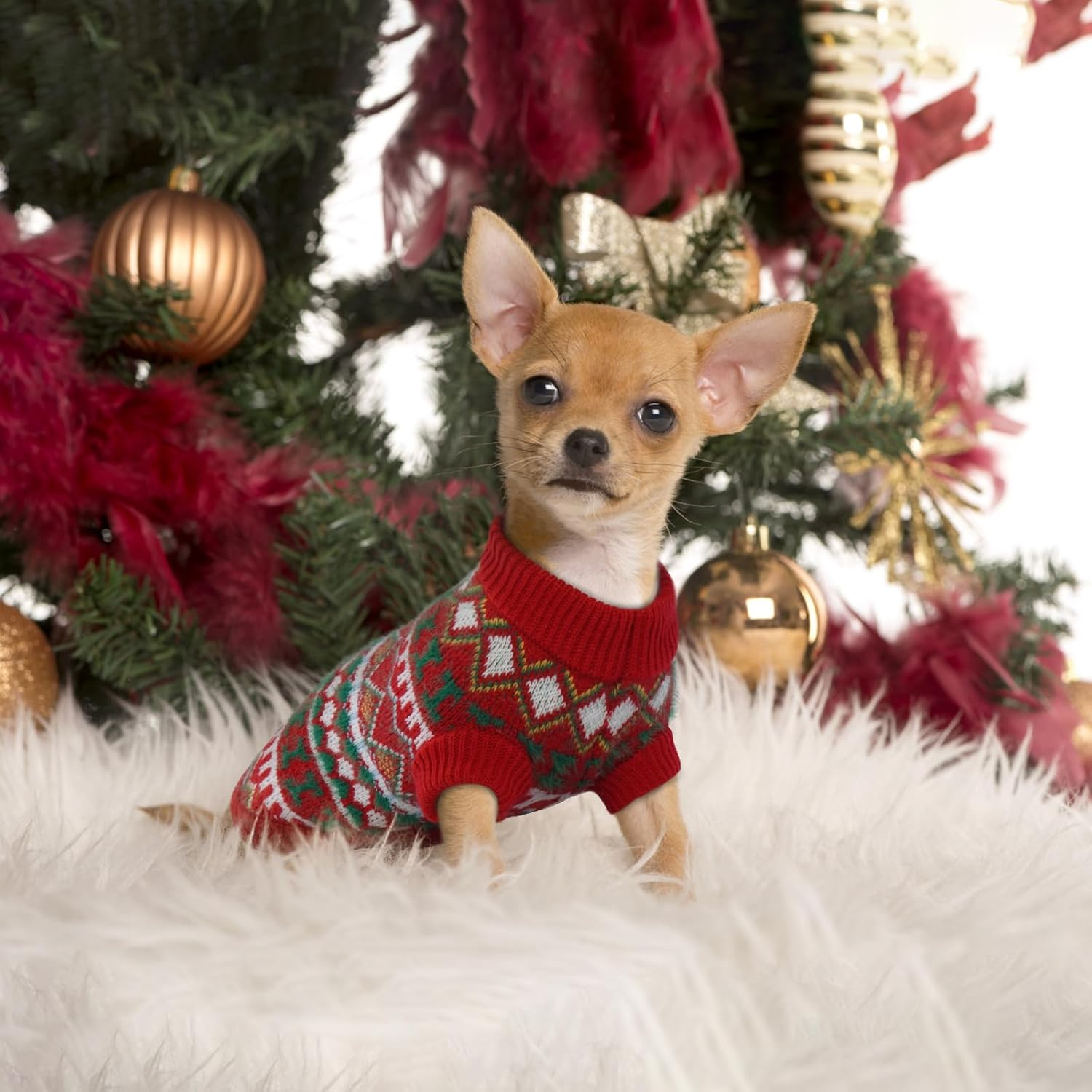 Hjumarayan Boho Dog Jumper - Christmas Jumper for Small Dogs, Beautiful Thick Dog Jumper, French Bulldog Chihuahua (Red-Green, M) image number 4