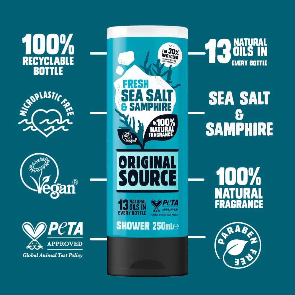 Original Source Sea Salt and Samphire Vegan Shower Gel, 100 Percent Natural Fragrance, Vegan, Cruelty Free, Paraben Free, Bulk Buy, Pack of 6 X 250 Ml image number 4