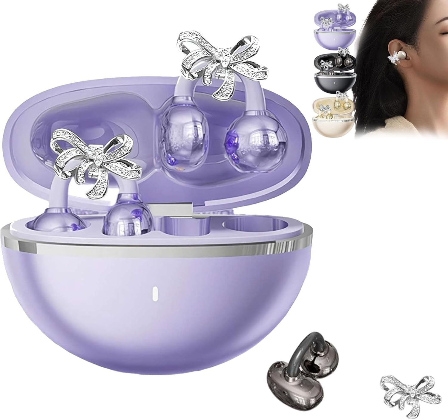 Clip-On Earbuds with Detachable Bow Earrings,Open-Ear Wireless Bluetooth 5.4 Headphones with Mic, Comfortable Fit & 72H Playtime Jewelry-Inspired Headphones for Women Gifts,Sports & Workouts (Black)