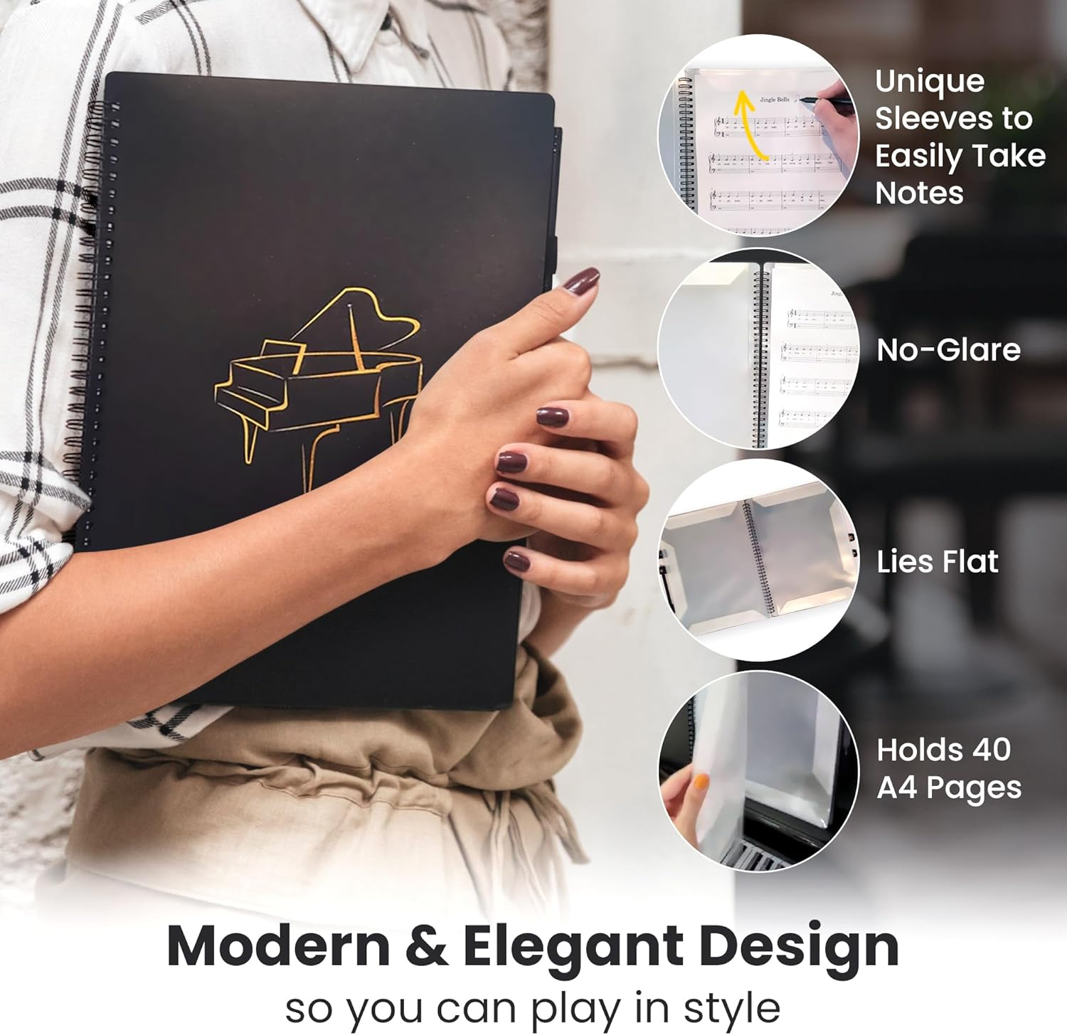 Pianoglory A4 Music Folder Value Pack with Divider Tabs, Pencil Holder, 40 Pages, Black with Gold Grand Piano Design image number 3