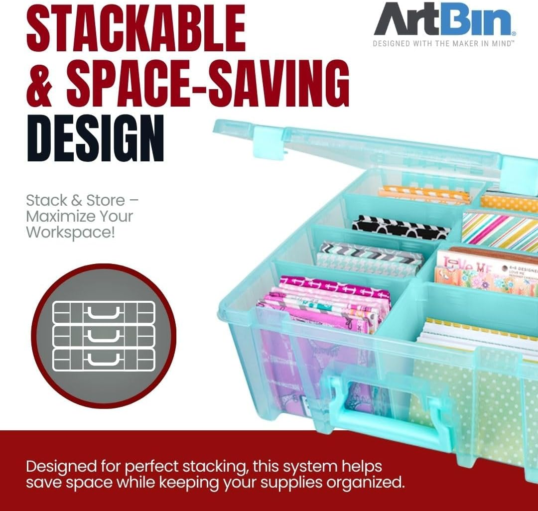 Artbin Super Satchel Compartment Box - Stackable Durable Art Storage with 8 Removable Compartments, Smart Closure, and Portable Design for Craft Supplies, Threads, Ribbons, Paint Tubes - Clear  Gold image number 7