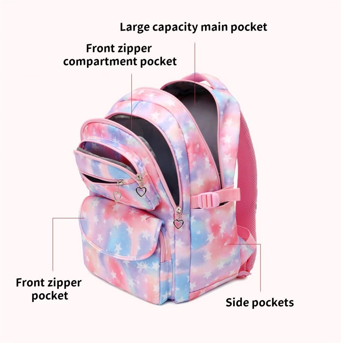 Coolwife School Backpack Set Lunch Bag Pencil Case 3 Pieces Teens Girls Cute Primary Junior Middle Students Daypacks, Tie-Dye Stars Pink, One Size, Casual Student - Strawberry Pink image number 3