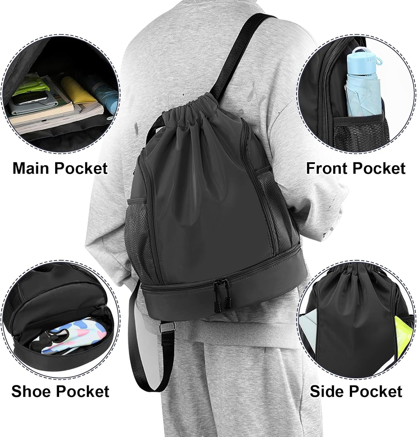 Drawstring Backpack Sports Gym Bag, Water Resistant String Bag Gym Sports Bag, Shoe Compartment Side Mesh Pockets Bulk Cinch Bag for Women Men - Black image number 5