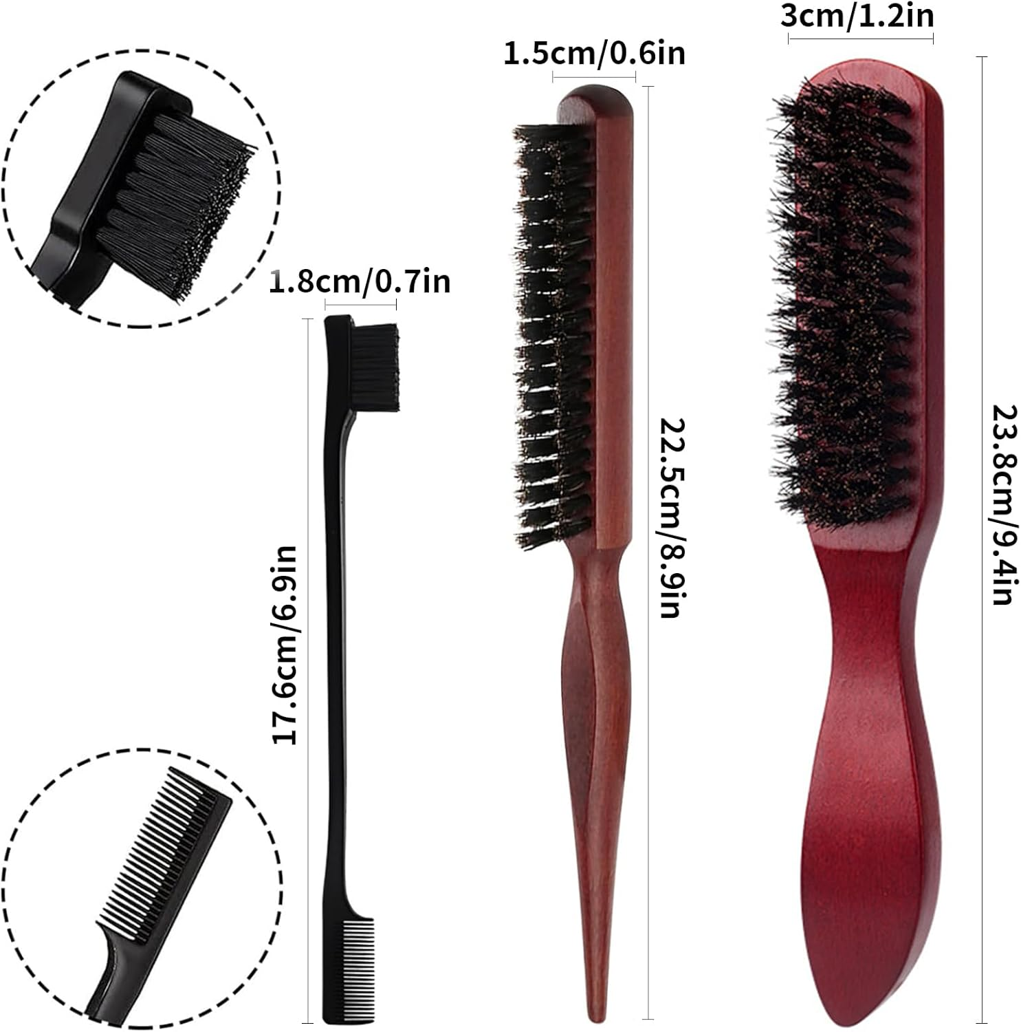 Kzvsiy 3 Pcs Boar Bristle Hair Brush Set, Detangling & Styling Combs for Hair and Beard, Soft round and Slick Back Combs with Eyebrow Brush for Men & Women image number 2