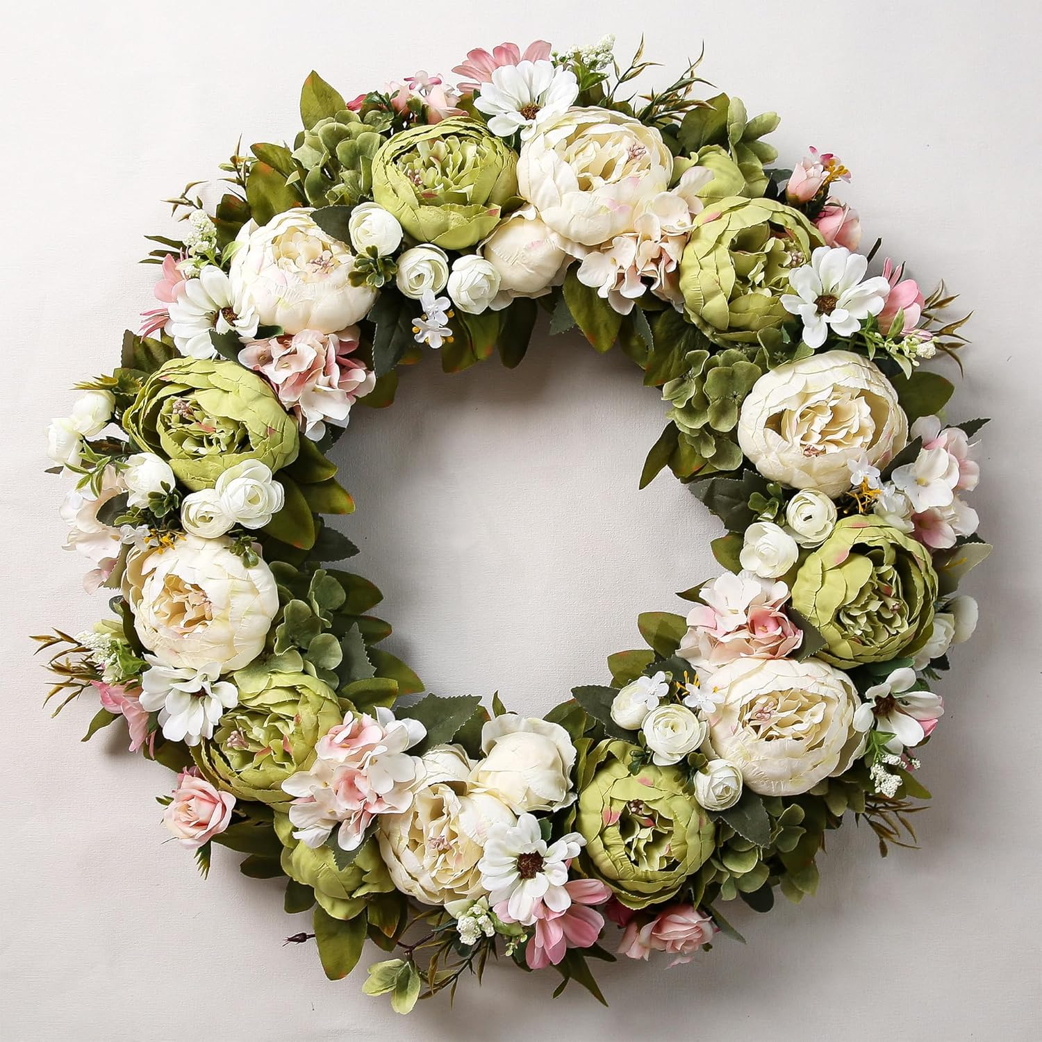 Peony Wreath 23" Floral Artificial Wreath for Front Door Wall Decor Home D&eacute;cor Festival Celebration Wedding Party New Owners Seasonal Decoration Housewarming Gifts Ezsenses (White)